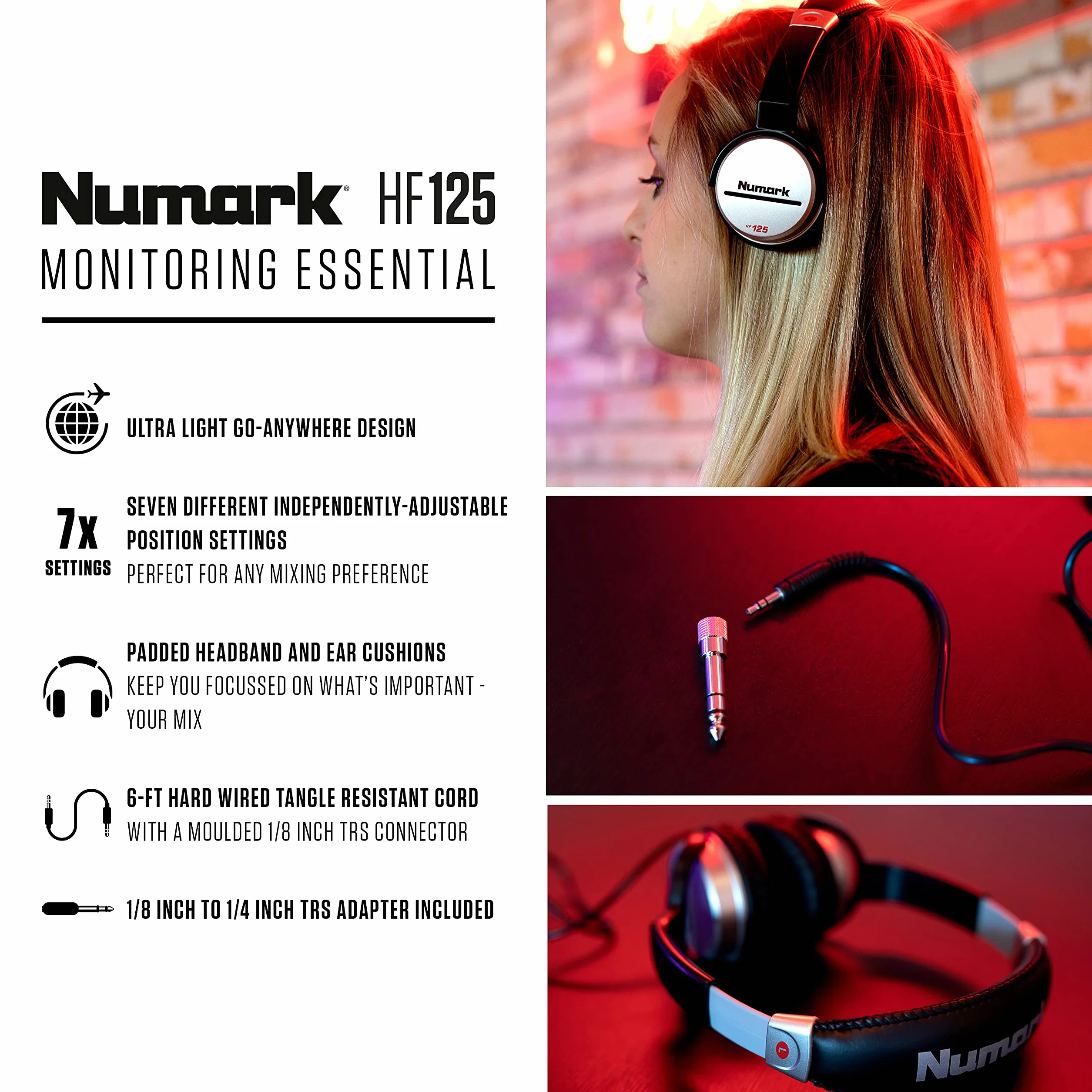Numark HF125 Kompaktowe słuchawki do nagrywania i monitorowania DJ-ów z kablem o długości 6 stóp, 40-milimetrowymi przetwornikami zapewniającymi rozszerzoną reakcję