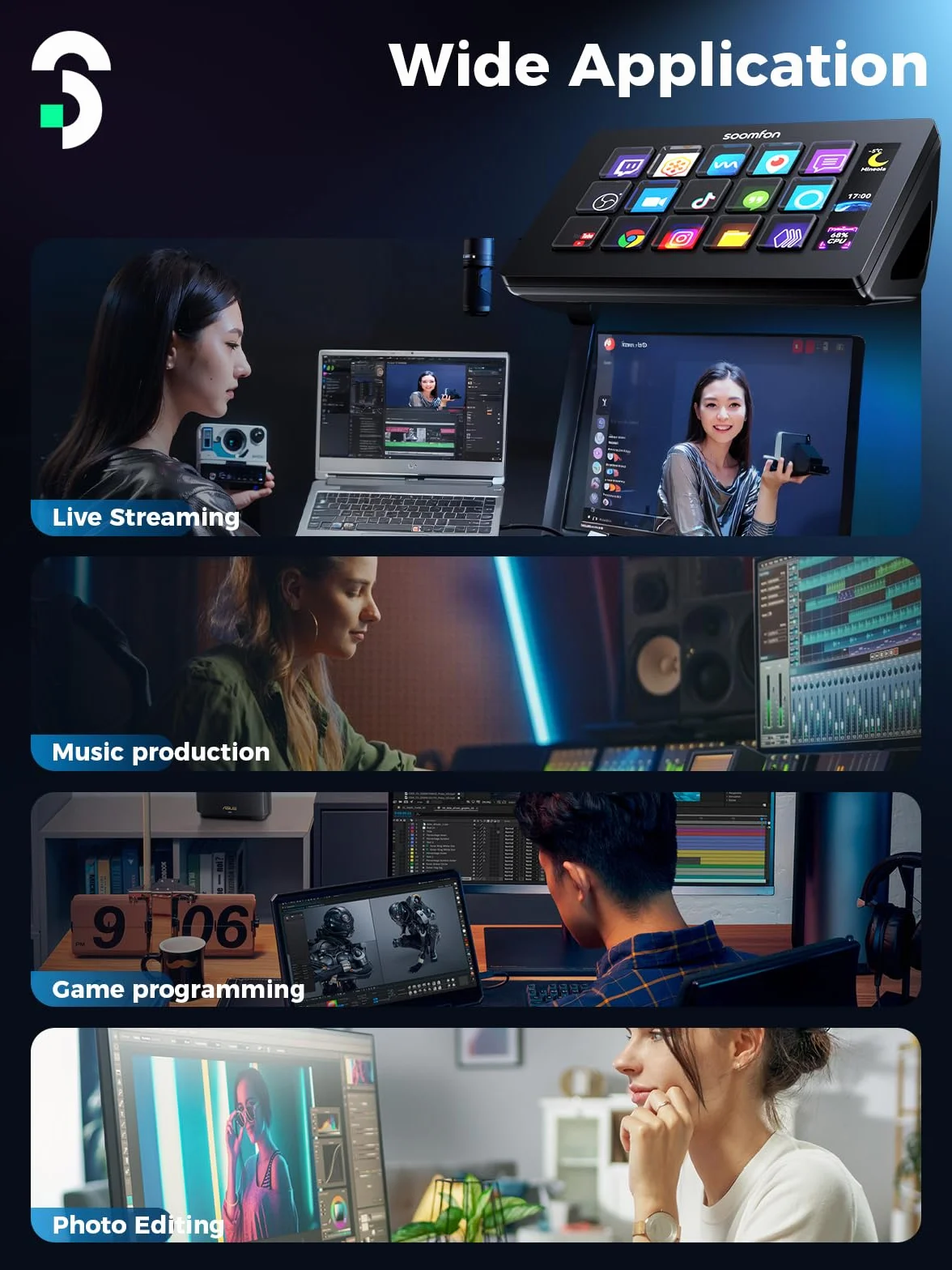 SOOMFON Studio Stream Control Deck, kontroler do sterowania nagraniami na żywo z 15 klawiszami makro i pulpitem nawigacyjnym, przyciski LCD do OBS, Twitch, YouTube, idealny do edycji wideo