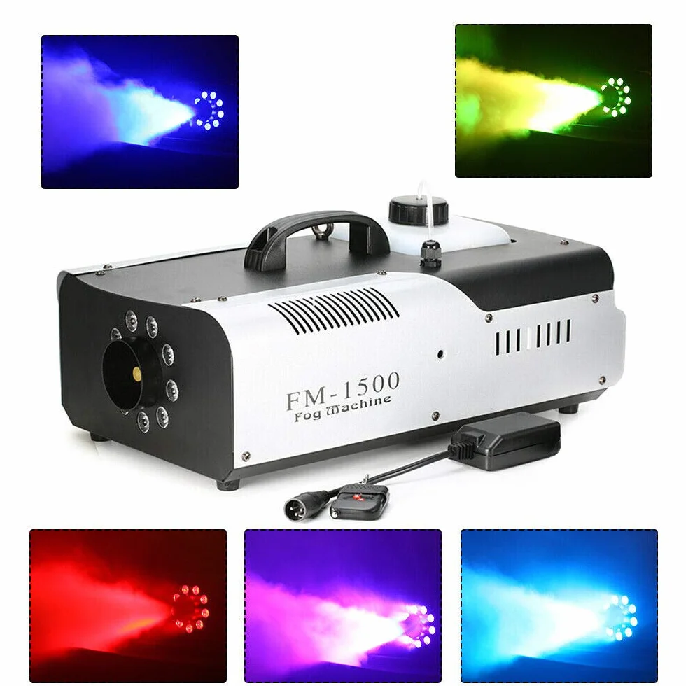 Fogger mini generator dymu LED | element grzejny 1500 W | bezprzewodowy pilot zdalnego sterowania | wyrzut 18000-25000 cu.ft/min | obudowa z blachy stalowej | pojemność zbiornika 2 l