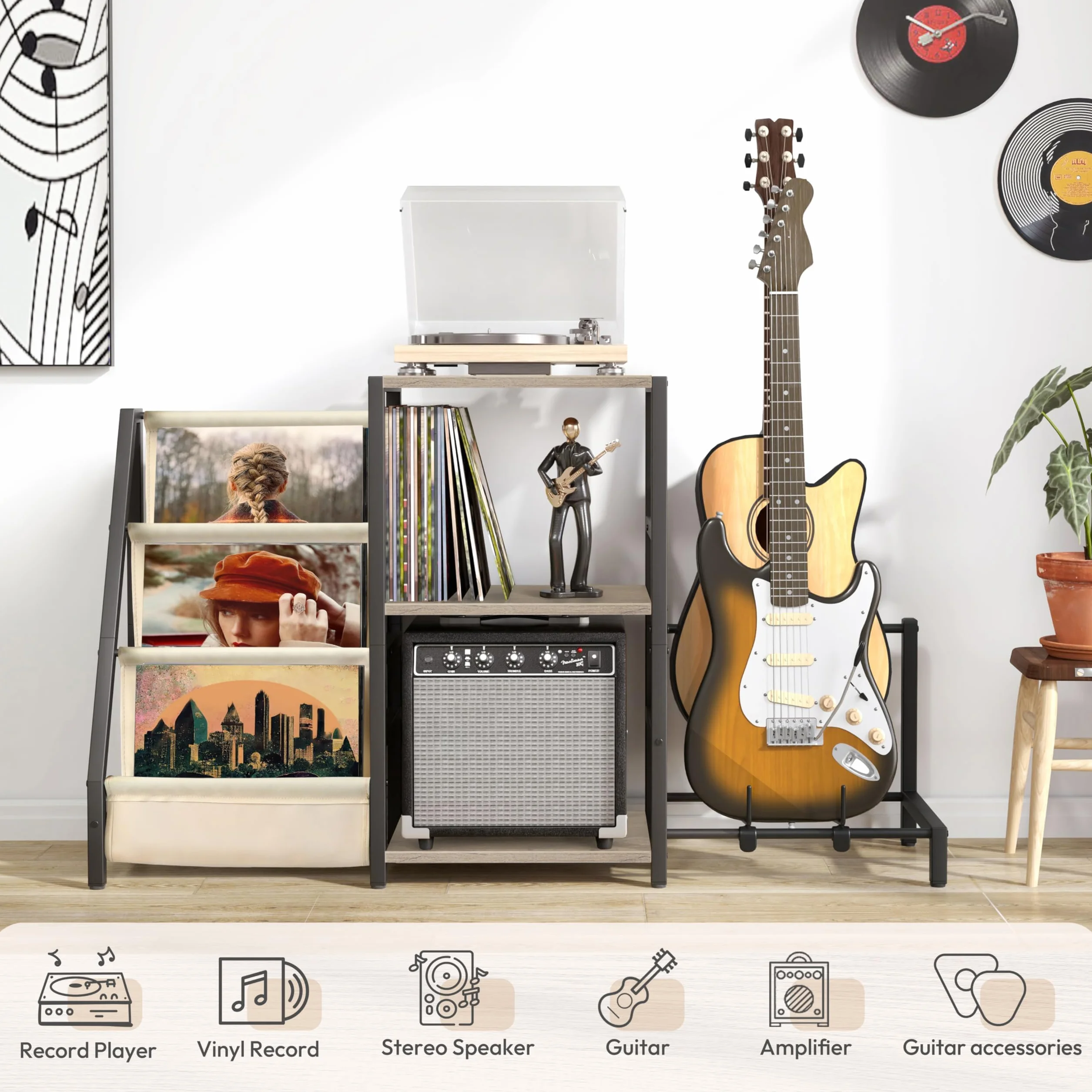 Bikoney Stojak na Gramofon z 3 Poziomami Przechowywania Winyli i Stojakiem na Gitarę, Szafka Pod Gramofon z Półką na Wzmacniacz do Gitary Akustycznej, Elektrycznej lub Basowej – Biały