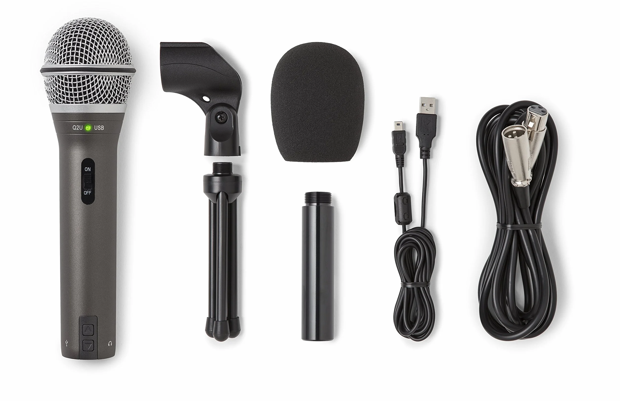 Samson SAM SAQ2U, Q2U USB/XLR Dynamiczny pakiet nagrywania mikrofonu i podcastingu (zawiera klips mikrofonowy, stojak na biurko, przednią szybę i kable), szary