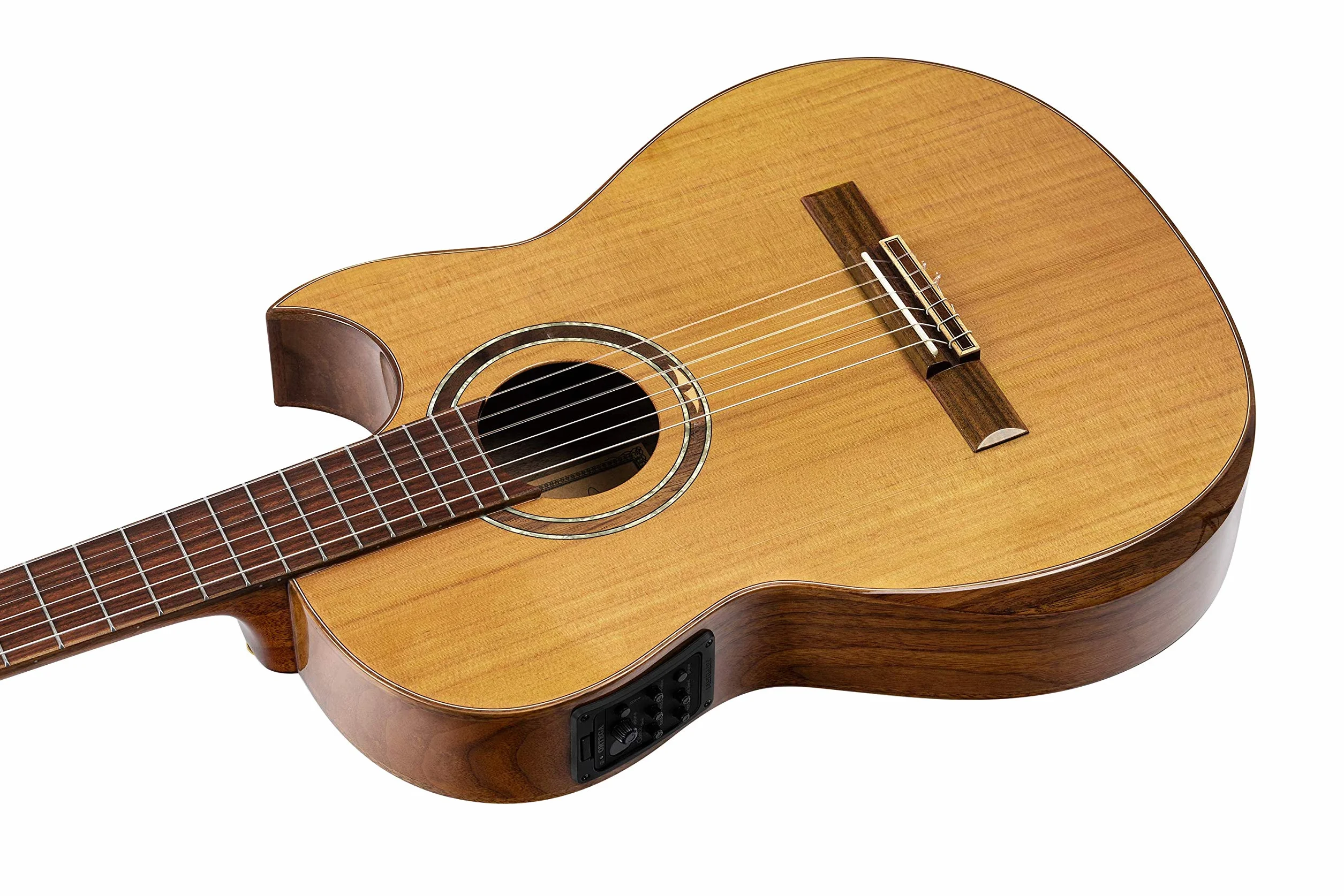 Ortega Guitars Classical Guitar Electro-Acoustic – Wąski Gryf, Korpus Thinline – Seria Signature – W Zestawie Pokrowiec i Folia Ochronna – Lity Cedr/Orzech, Wykończenie Naturalne (FLAMETAL-TWO)