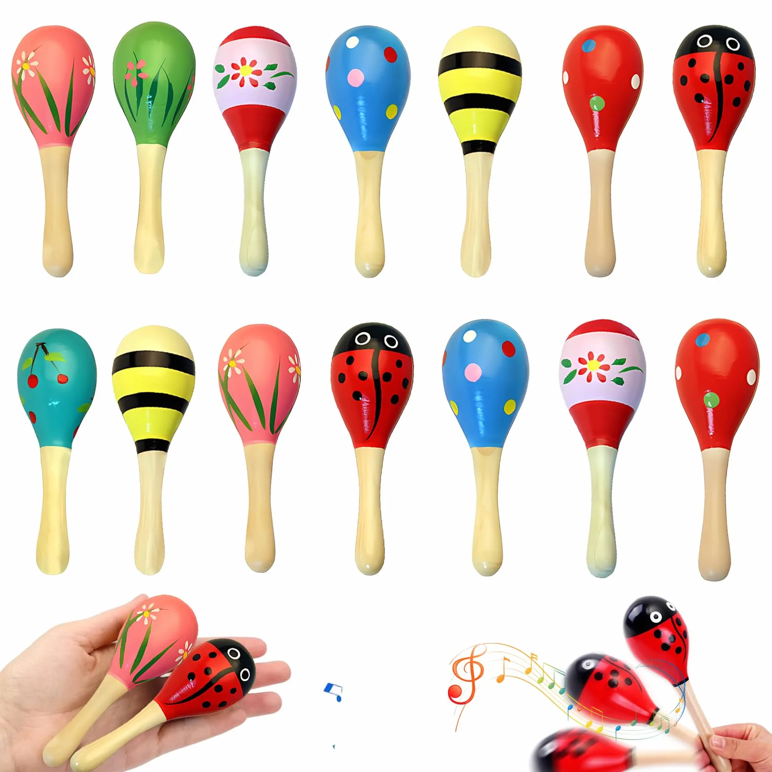 14 sztuk drewnianych grzechotek do marakasów, mini drewniane grzechotki, instrumenty muzyczne na imprezy, prezenty, do szkoły, lekcji muzyki (losowy wzór)