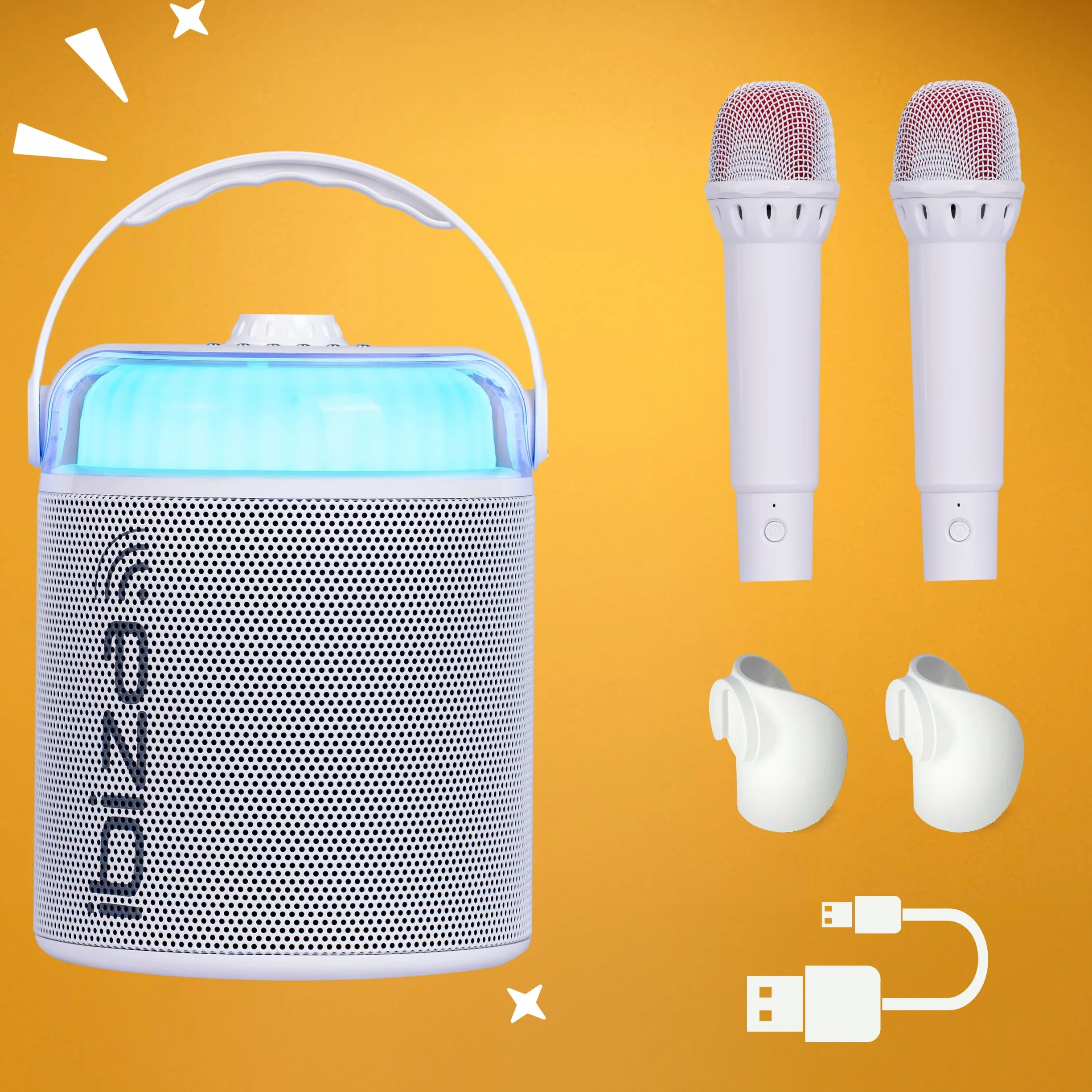 Ibiza - KARAHOME-WH - Zasilany bateryjnie głośnik KARAOKE z dwoma mikrofonami bezprzewodowymi (zasilanie bateryjne) - Bluetooth, USB, MicroSD, USB, AUX i COAX - Biały