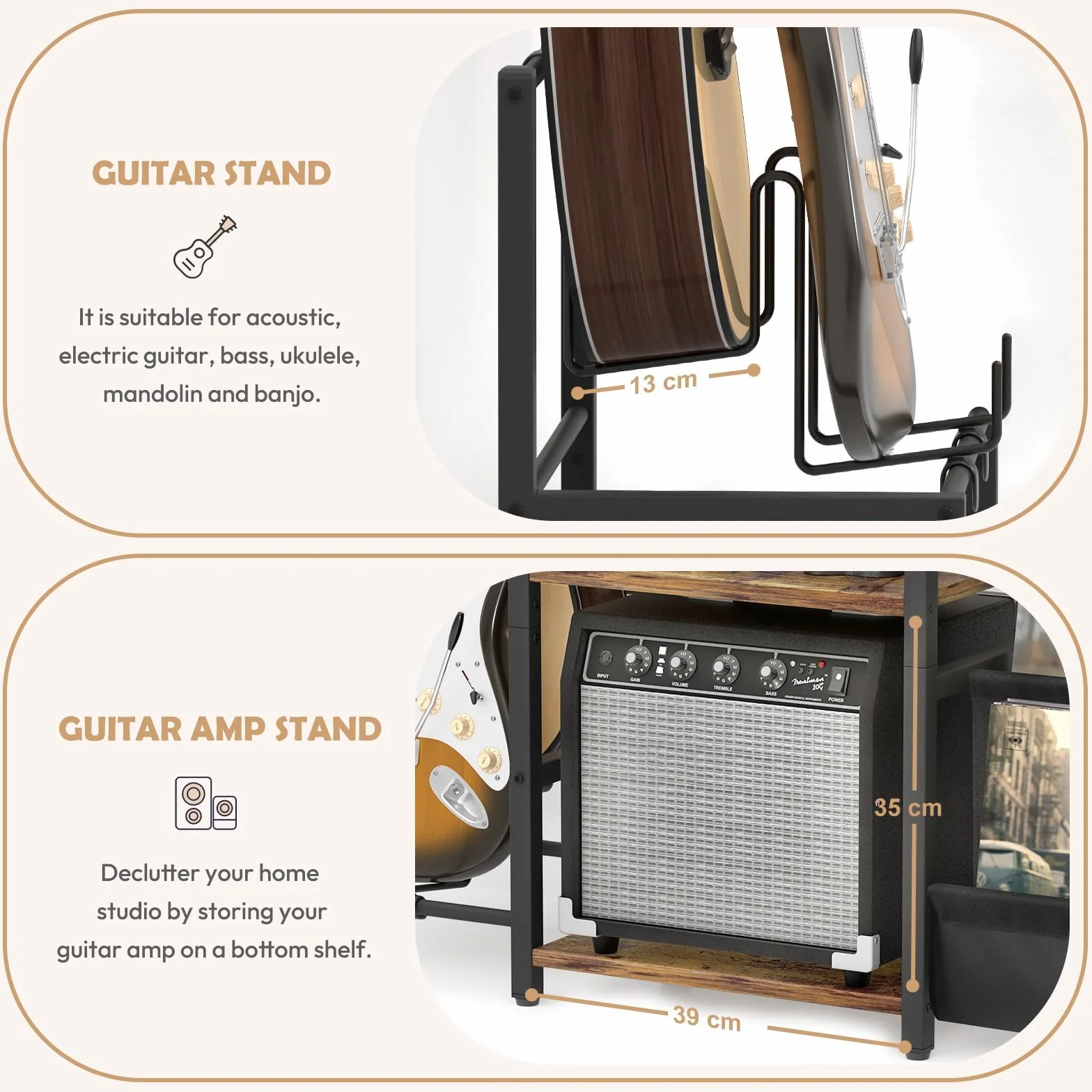 Bikoney Stojak na Gramofon z 3 Poziomami Przechowywania Winyli i Stojakiem na Gitarę, Szafka Pod Gramofon z Półką na Wzmacniacz do Gitary Akustycznej, Elektrycznej lub Basowej – Biały