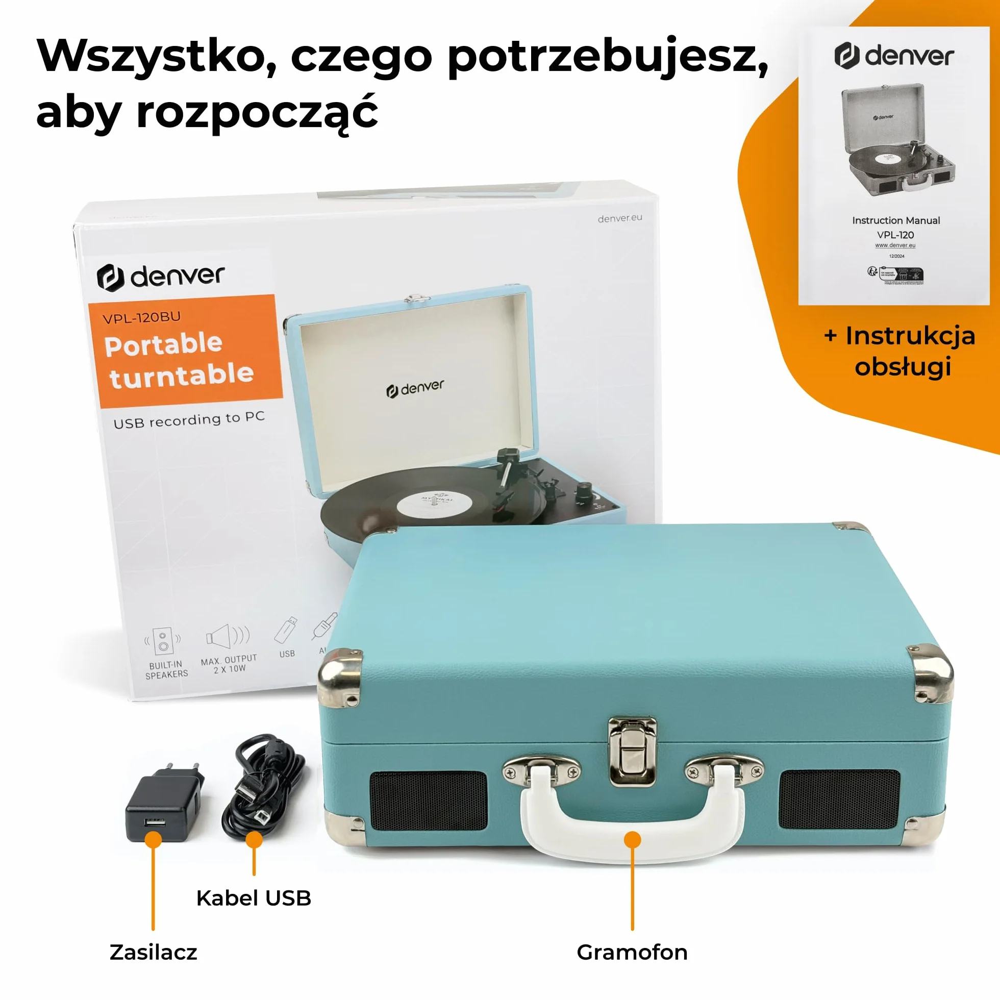 Denver VPL-120BU gramofon w stylu retro, niebieski, z głośnikiem, odtwarzacz winylowy USB, automatyczne zatrzymanie, walizka do nagrywania, odtwarzacz rekordów do digitalizacji