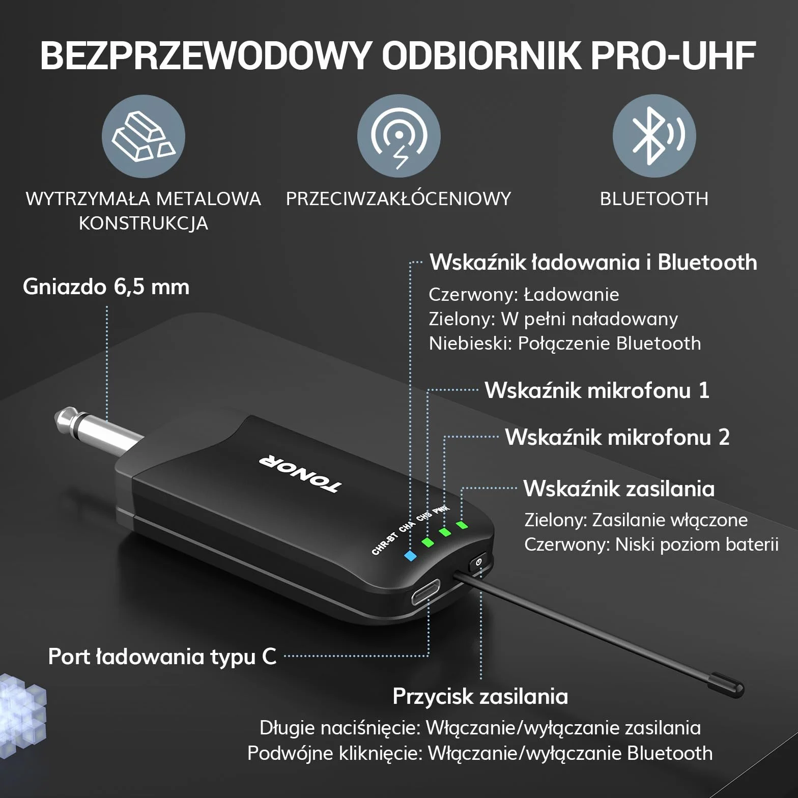 TONOR Profesjonalny Bezprzewodowy Mikrofonów, Ręczny Mikrofon Dynamiczny, Automatyczne Parowanie Bluetooth, Częstotliwość 2x25 UHF, dla Piosenkarzy/DJ-ów/Wesel/ślubów/Kościołów, 100 m, TW720