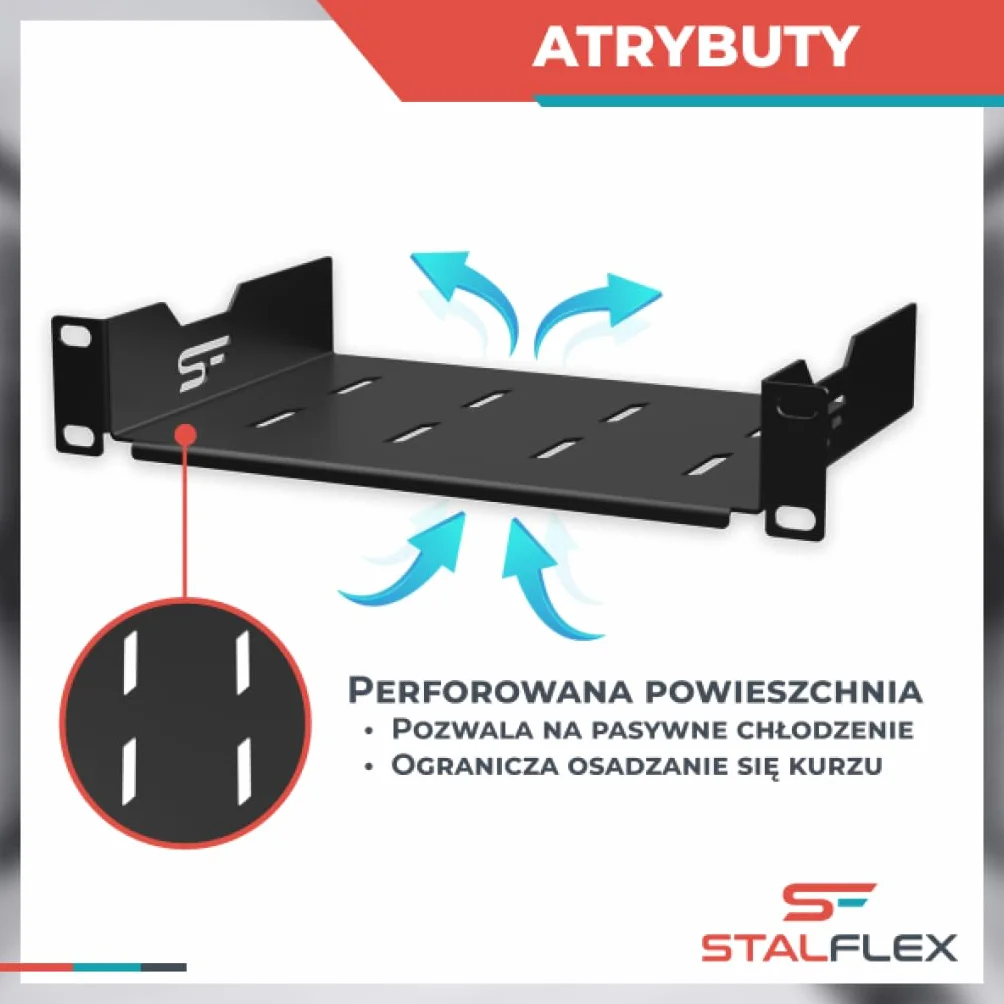 Półka Stała Rack 10 cali 1U 150mm, Metal, Czarny | Półka Rackowa 10 Cali Płaska Perforowana do Montażu w Szafach Serwerowych i Sieciowych w Systemie Rack