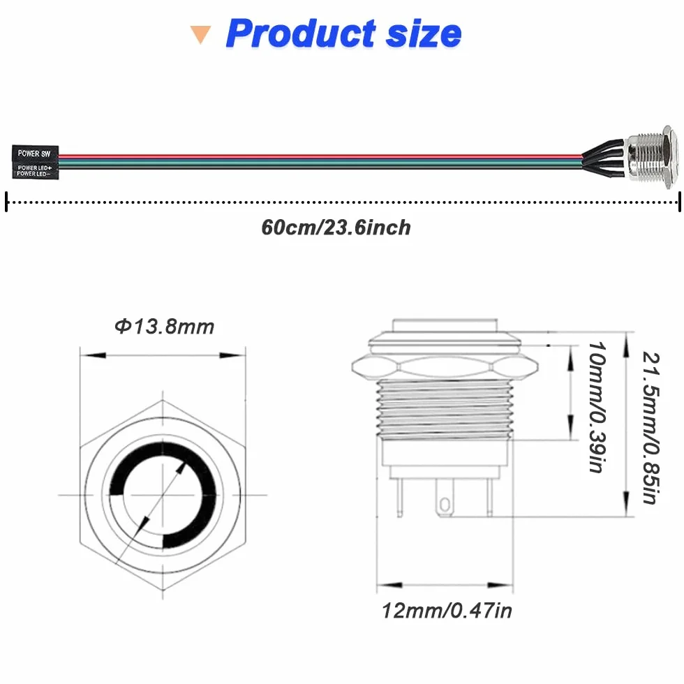 Xiatiaosann 12 mm metalowy kabel guzikowy przełącznik hosta z LED ON/OFF ATX Power Button 1 lub 2 rozdzielacze (zielony)