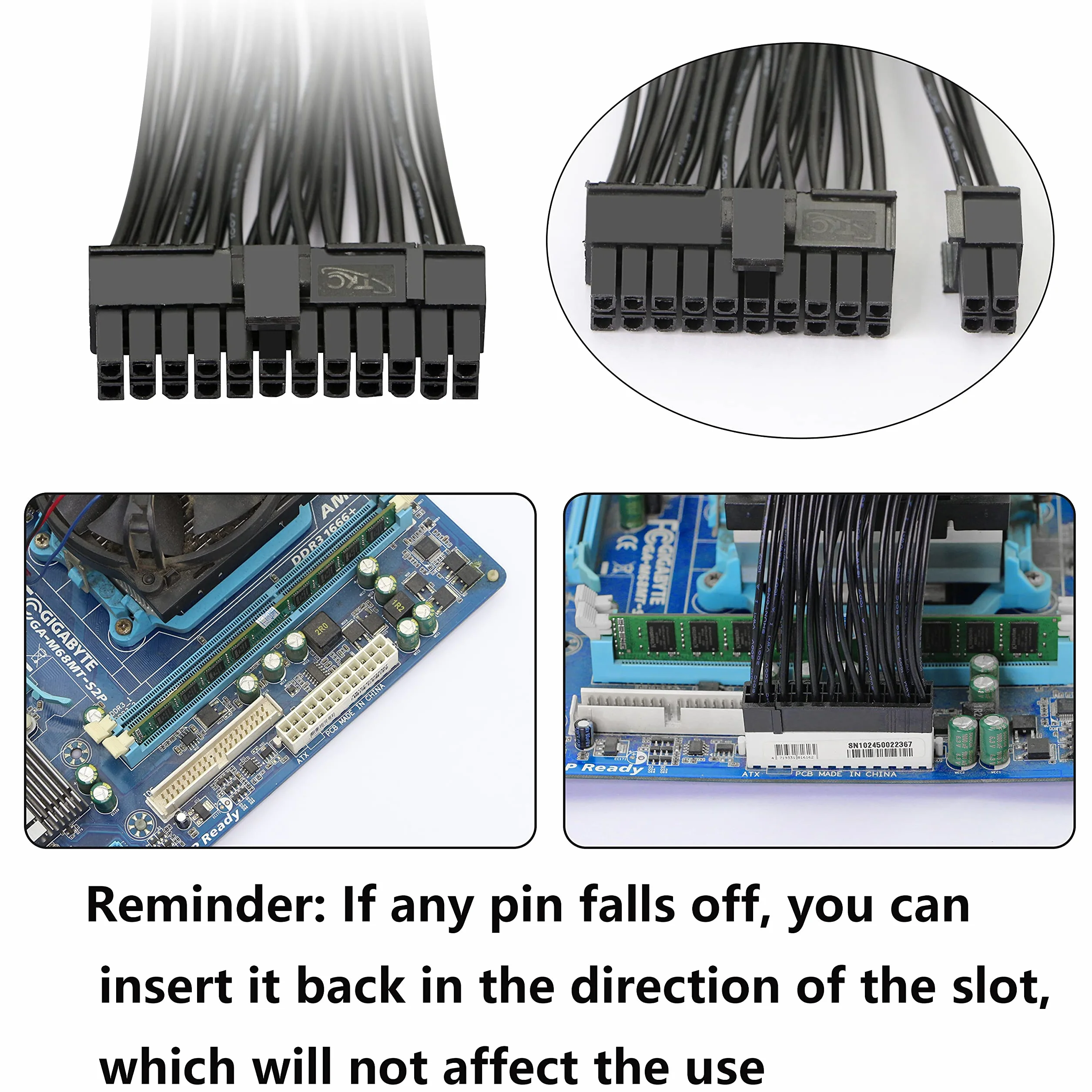 GELRHONR Podwójne zasilanie PC 24-pinowy kabel ATX Adapter płyty głównej, 24-pinowy (20 + 4) do przedłużania płyty głównej ATX zasilacz żeński na męski Y Splitter-1Ft