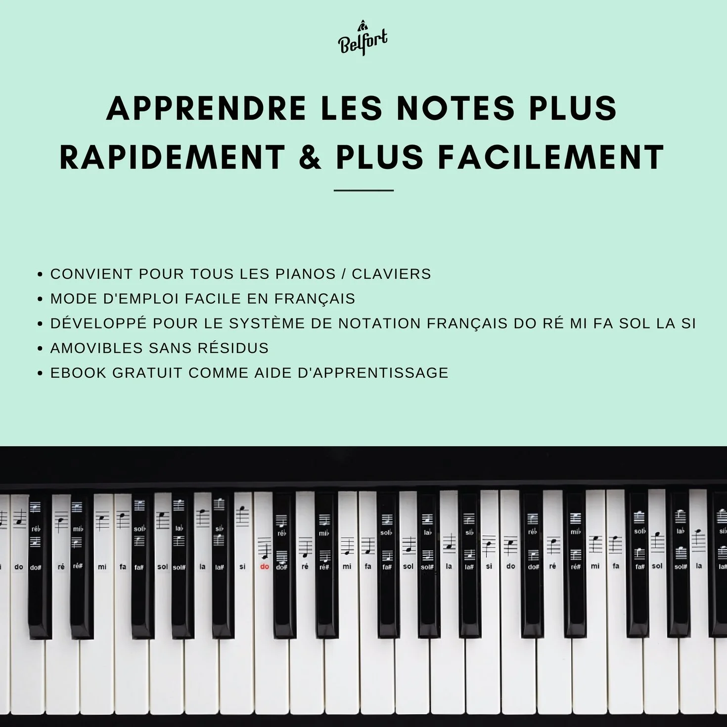 Belfort Autocollants pour Notes de Piano + Clavier 49|61|76|88 Touches pour Ebook Gratuit Premium