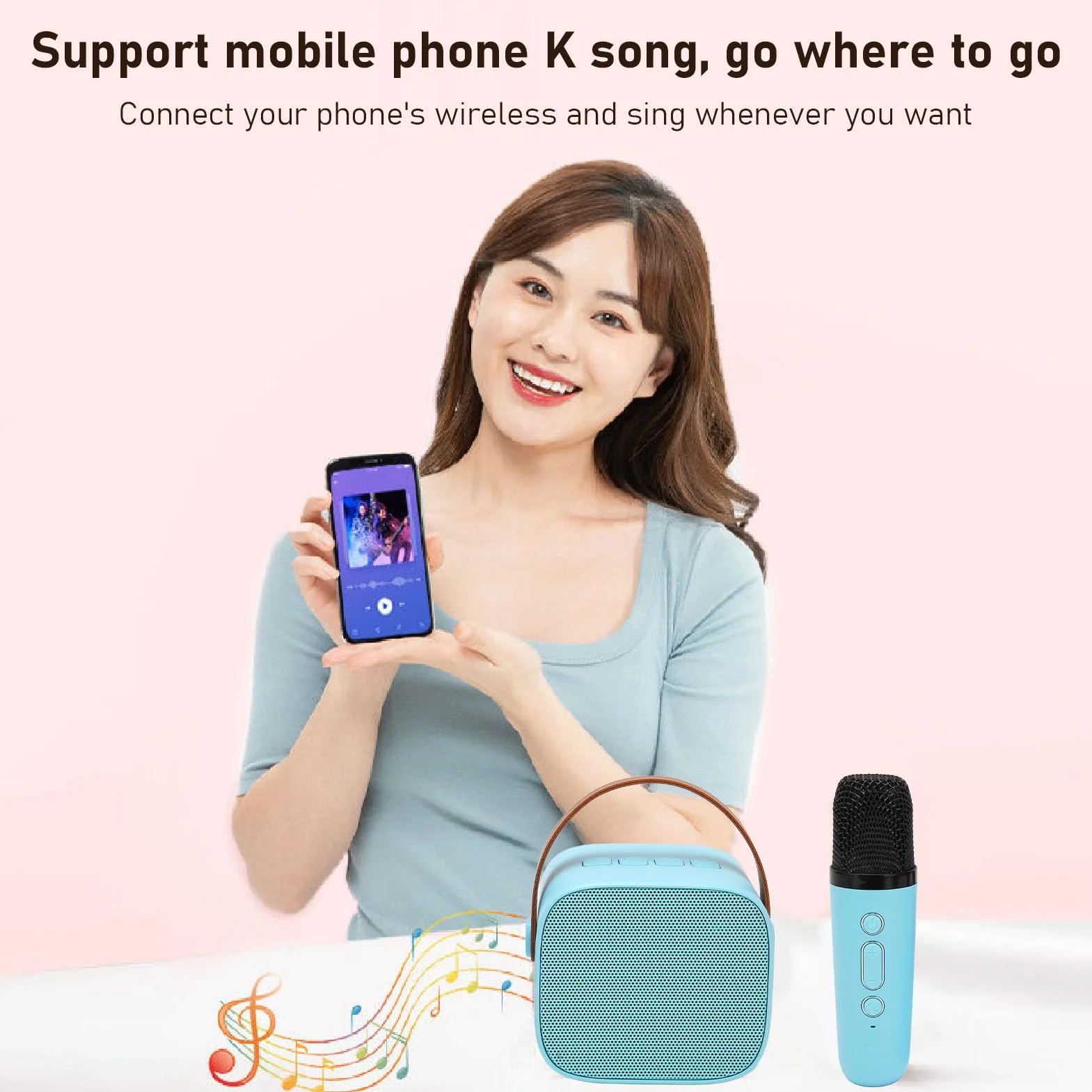 Maszyna do Karaoke, Wielofunkcyjny Dźwięk Stereo Przenośny Głośnik Bluetooth5.3, Mini Maszyna do Karaoke z 2 Mikrofonami Bezprzewodowymi do Domu, Imprezy, KTV (Niebieski)