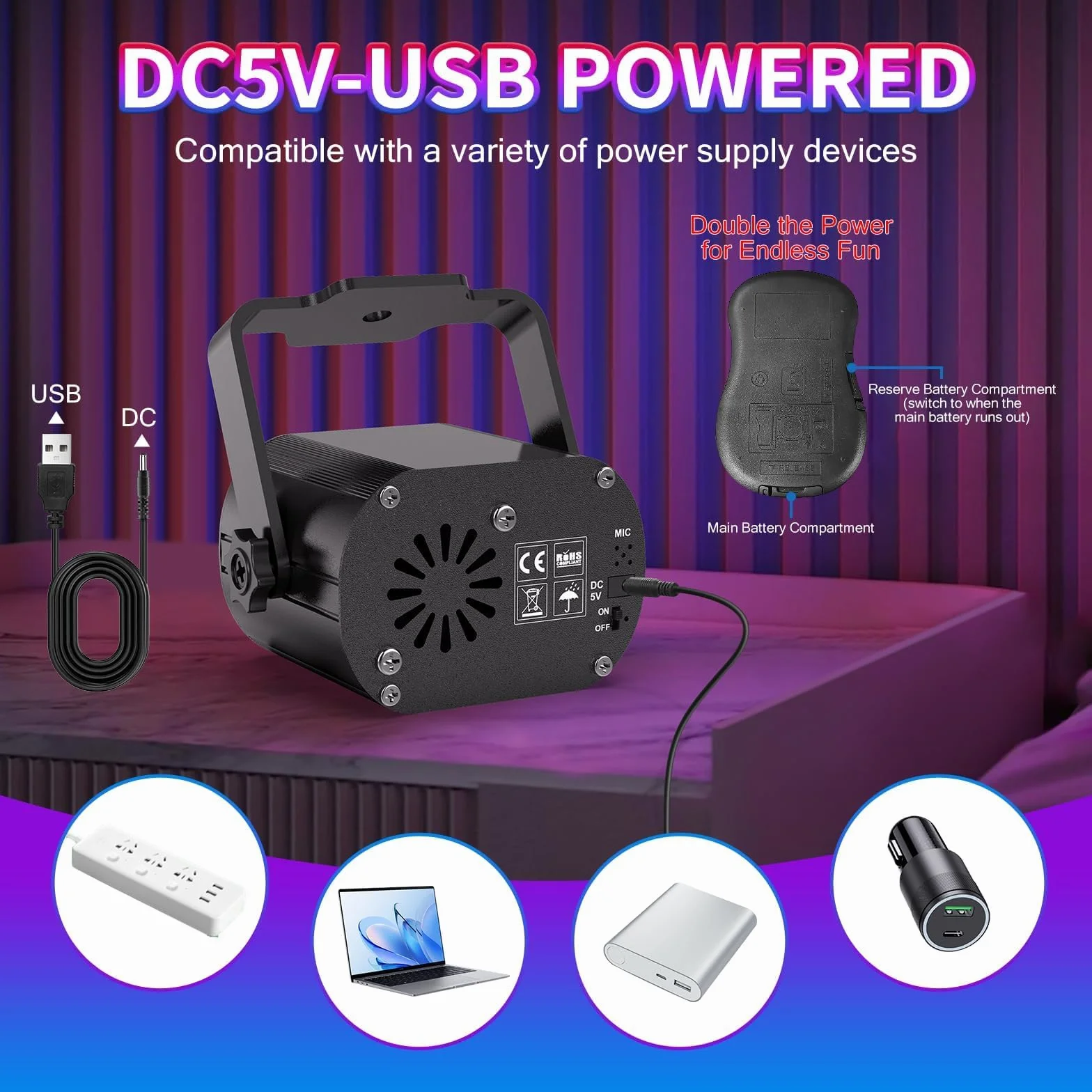 Lampa sceniczna, 60 efektów świetlnych Disco ze stroboskopem i pilotem, kula dyskotekowa z szerokim kątem sterowania muzyką, różne efekty świetlne RGBW USB Halloween, impreza, Boże Narodzenie