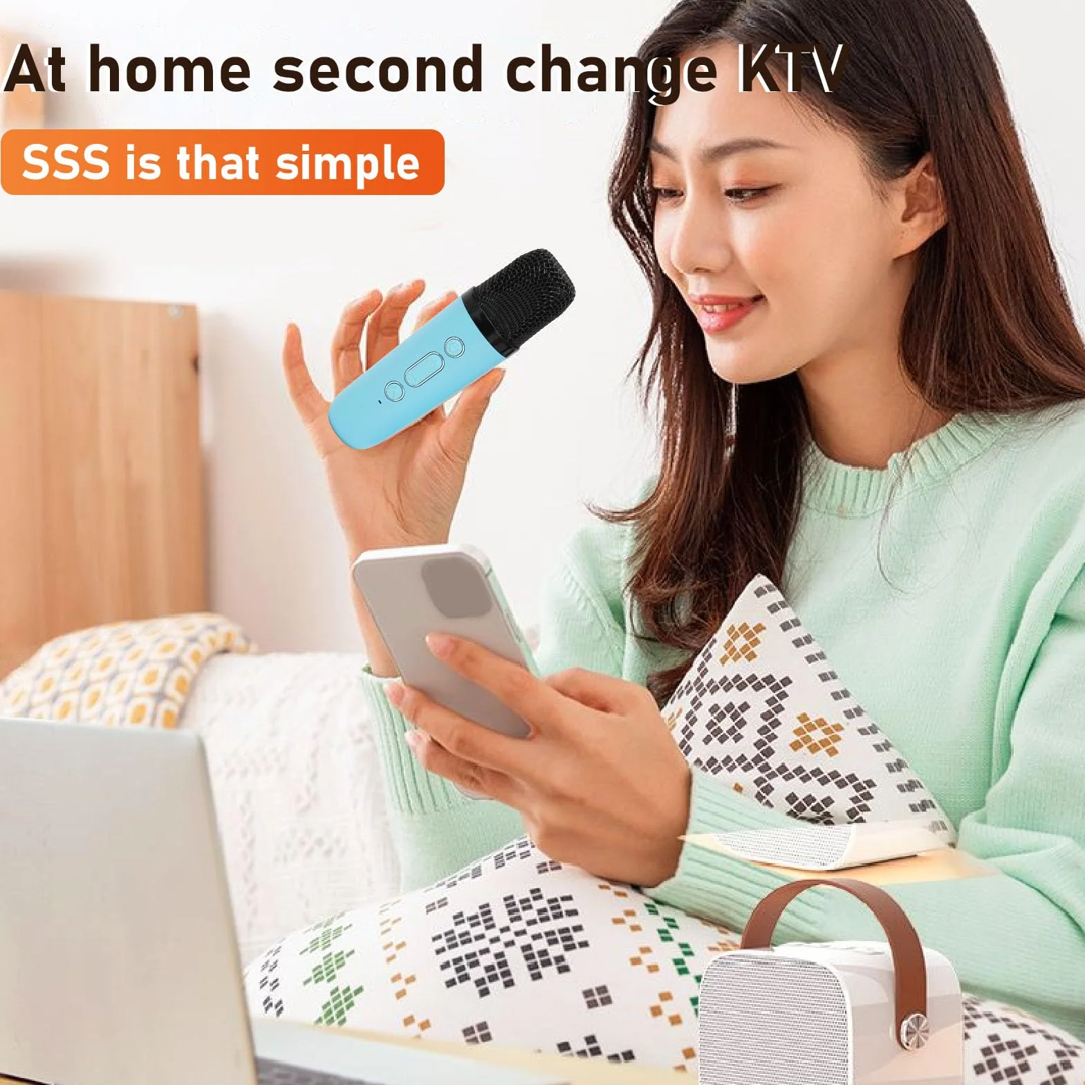 Maszyna do Karaoke, Wielofunkcyjny Dźwięk Stereo Przenośny Głośnik Bluetooth5.3, Mini Maszyna do Karaoke z 2 Mikrofonami Bezprzewodowymi do Domu, Imprezy, KTV (Niebieski)