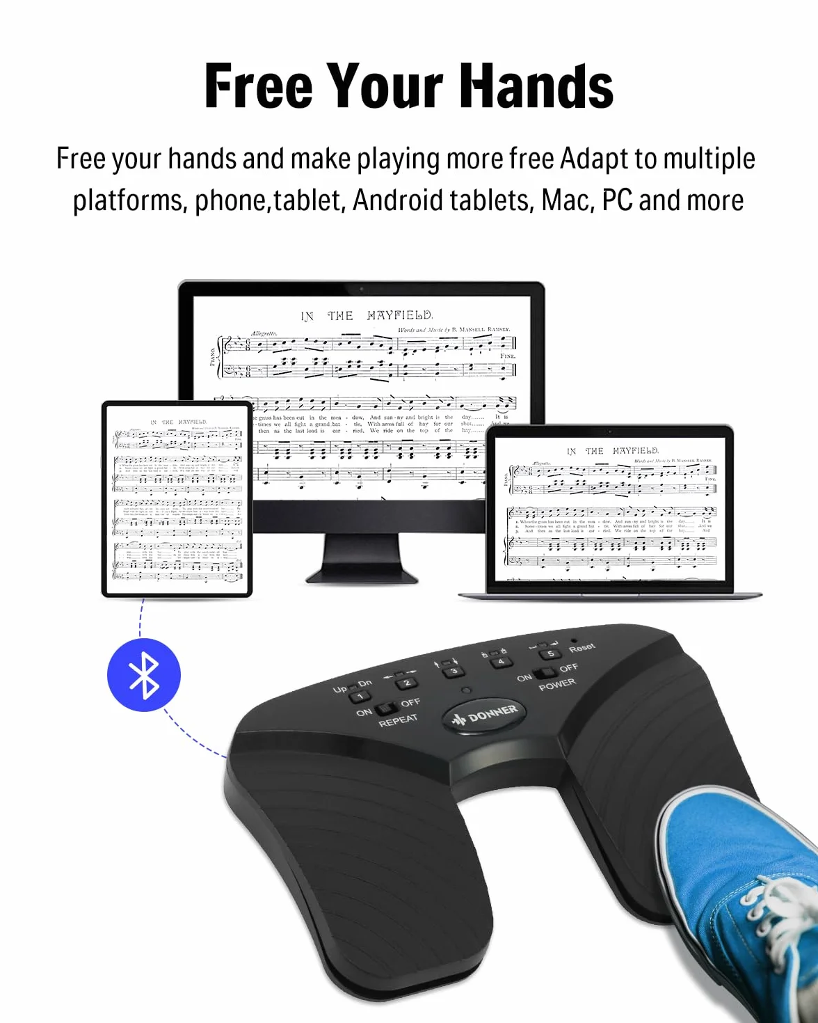 Donner Bezprzewodowy przewracania stron, akumulator muzyczny nożny do tabletów telefonu, czarny