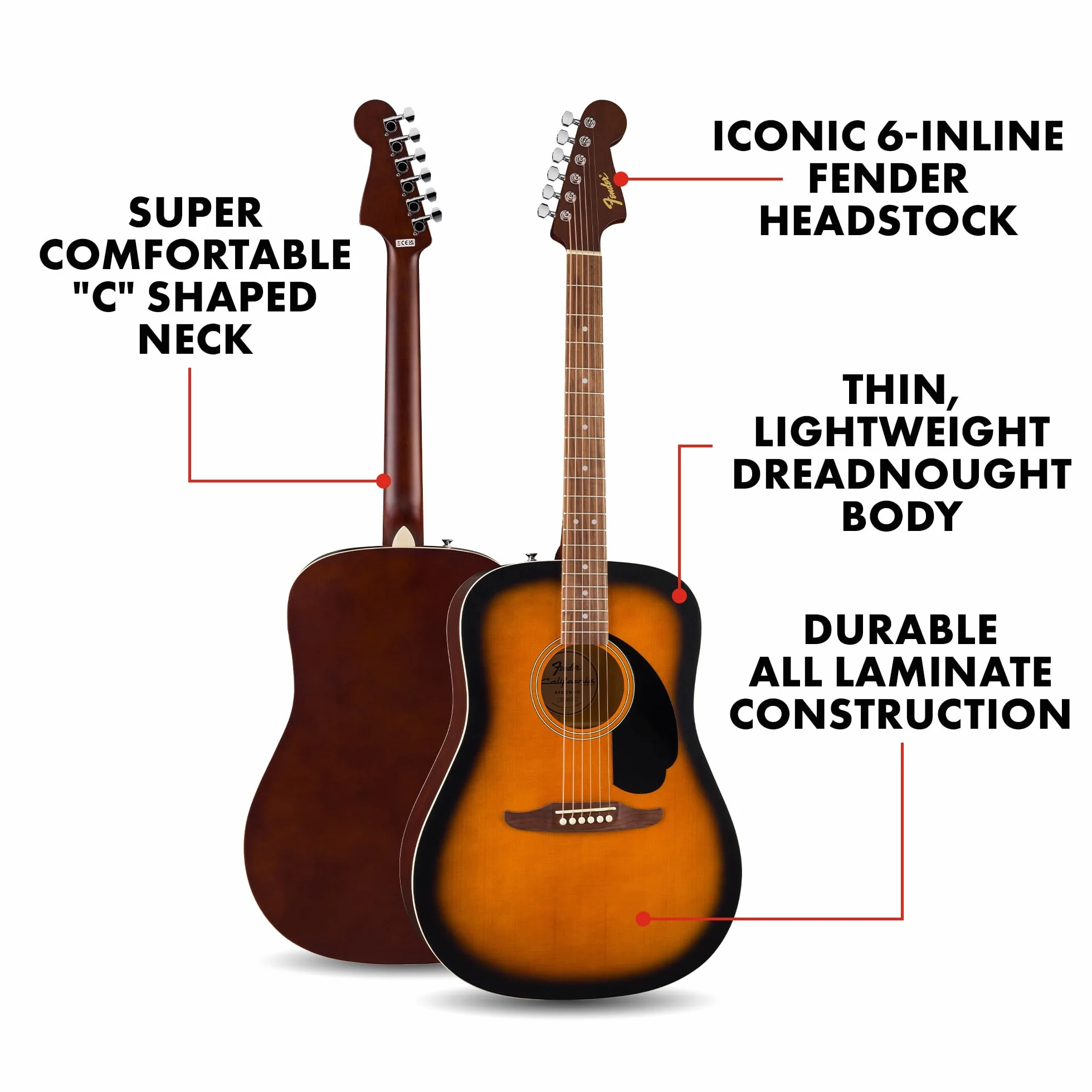 Fender California Debut Redondo Dreadnought gitara akustyczna, świerkowy top, czarna maskownica, 2-kolorowa Sunburst