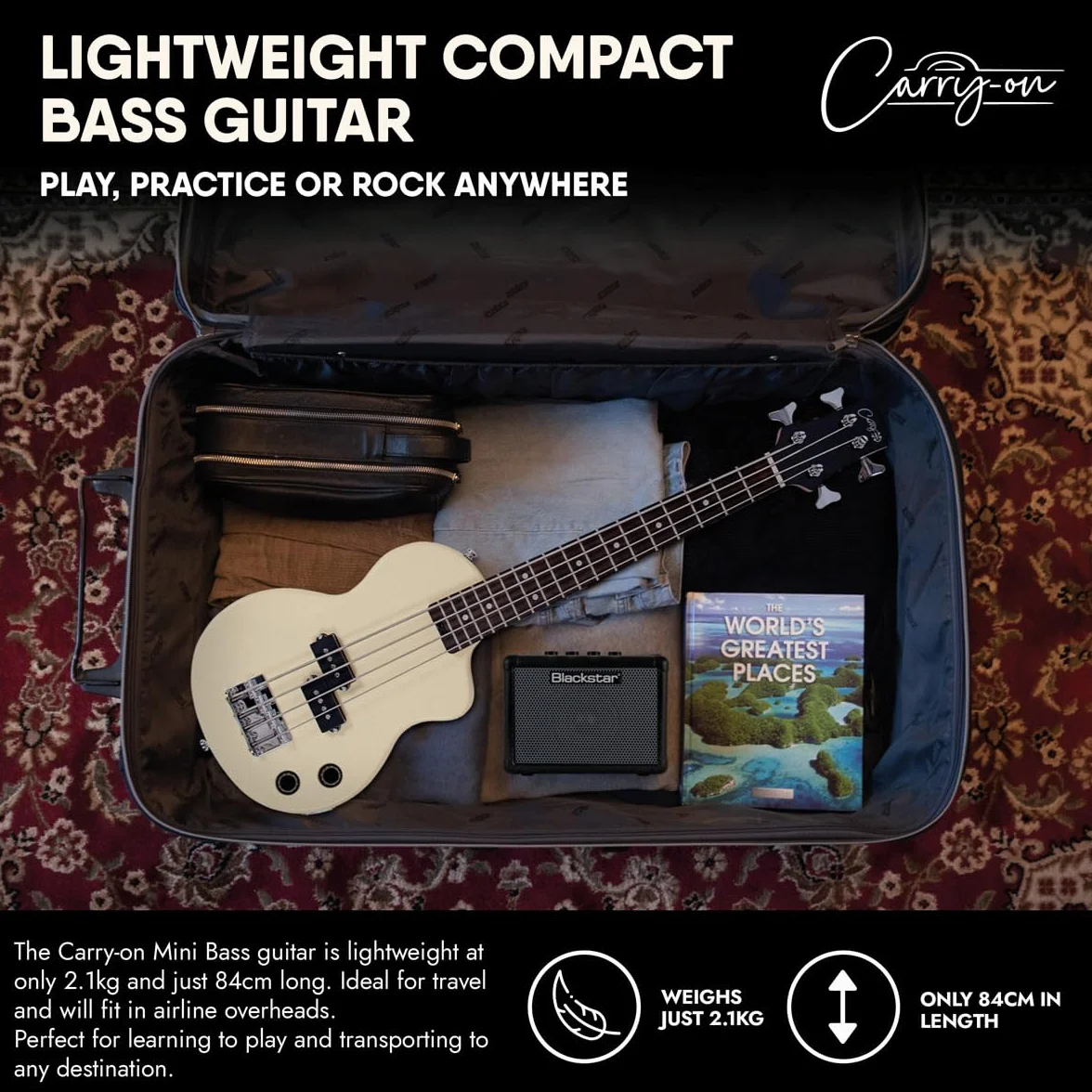 Carry-on Blackstar Mini elektryczna gitara basowa vintage biała idealna dla dzieci i dorosłych, początkujących i podróży