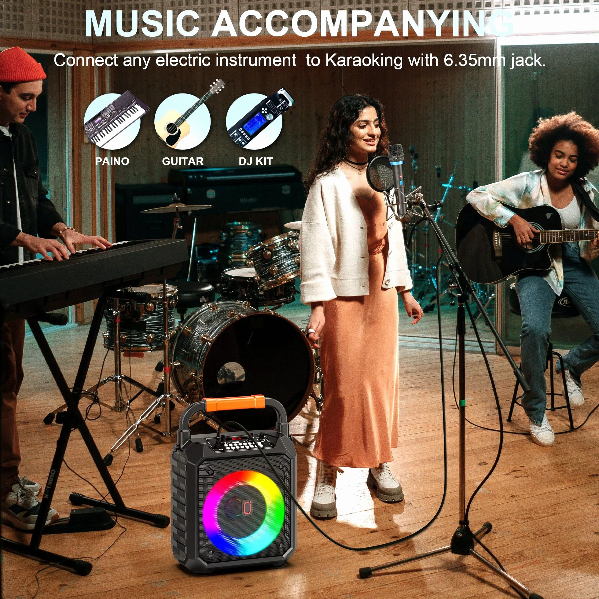 JAUYXIAN Karaoke Machine z 2 mikrofonami bezprzewodowymi, przenośny głośnik Bluetooth Karaoke dla dzieci i dorosłych, system PA obsługuje karty TF/USB/AUX/REC na imprezy