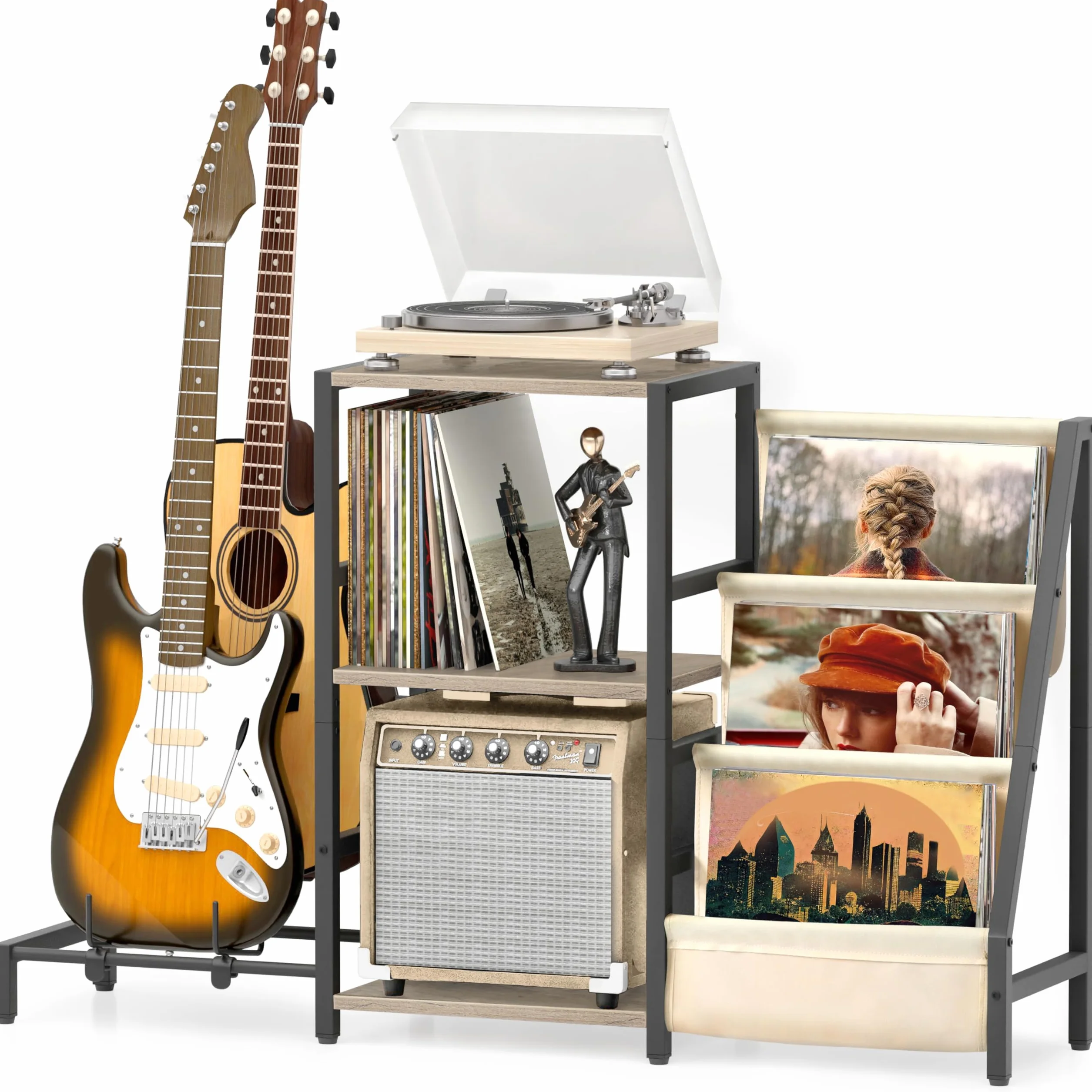 Bikoney Stojak na Gramofon z 3 Poziomami Przechowywania Winyli i Stojakiem na Gitarę, Szafka Pod Gramofon z Półką na Wzmacniacz do Gitary Akustycznej, Elektrycznej lub Basowej – Biały