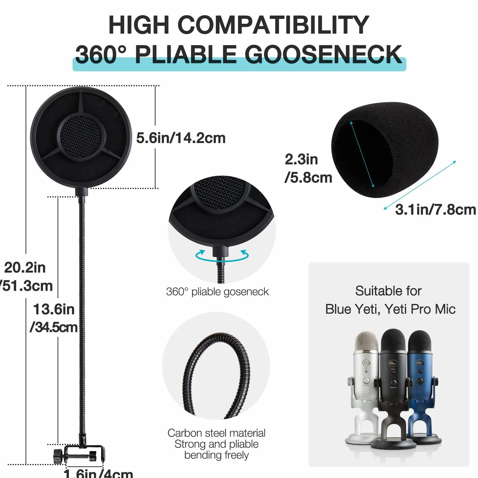 Blue Yeti Filtr pop z pianką z osłoną mikrofonu, filtr pop do mikrofonu Blue Yeti do blokowania materiałów wybuchowych, średnica 14 cm, 6 warstw Blue Yeti osłona mikrofonu od YOUSHARES