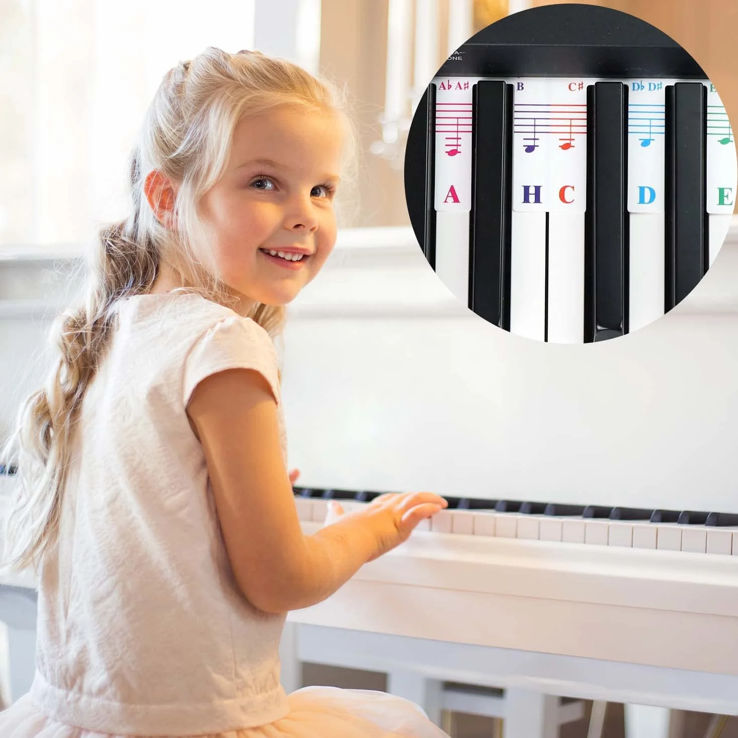 Kolorowe nuty klawiatury fortepianowej dla początkujących, zdejmowane etykiety z nutami do nauki, 88 pełnowymiarowych klawiszy, wielokrotnego użytku, nie są wymagane żadne naklejki
