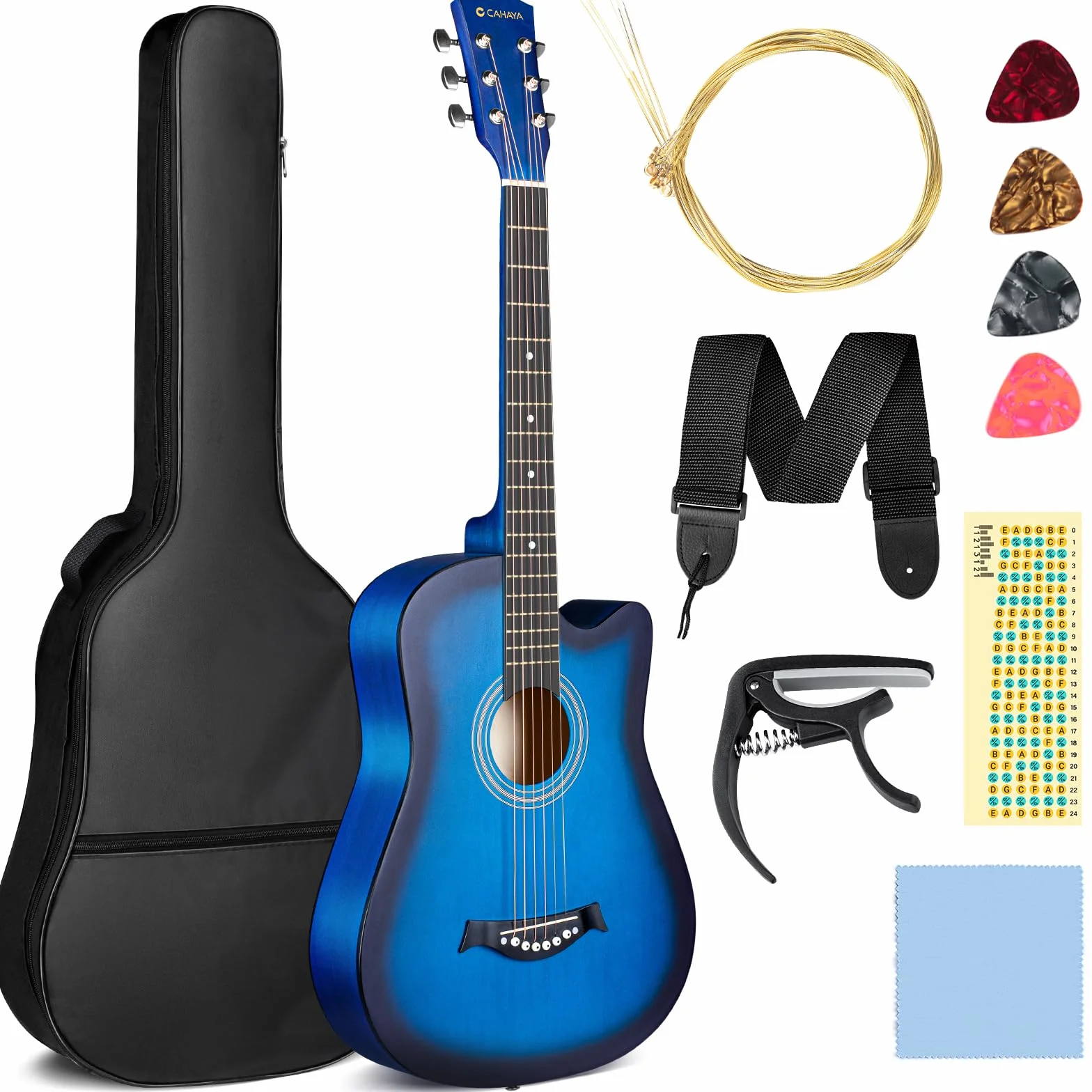CAHAYA Gitara akustyczna z drewna lipowego, 38 cali, zestaw gitar akustycznych dla początkujących, dzieci i dorosłych, w zestawie z torbą do noszenia, strunami zapasowymi, kapodastrem, kostkami,