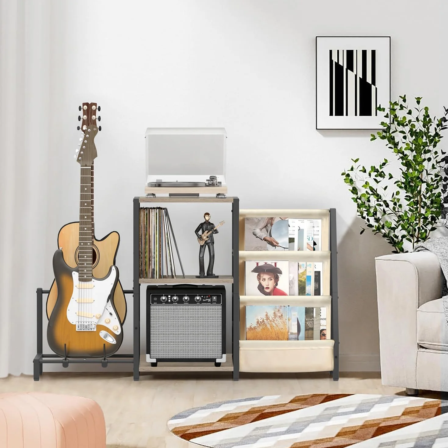 Bikoney Stojak na Gramofon z 3 Poziomami Przechowywania Winyli i Stojakiem na Gitarę, Szafka Pod Gramofon z Półką na Wzmacniacz do Gitary Akustycznej, Elektrycznej lub Basowej – Biały