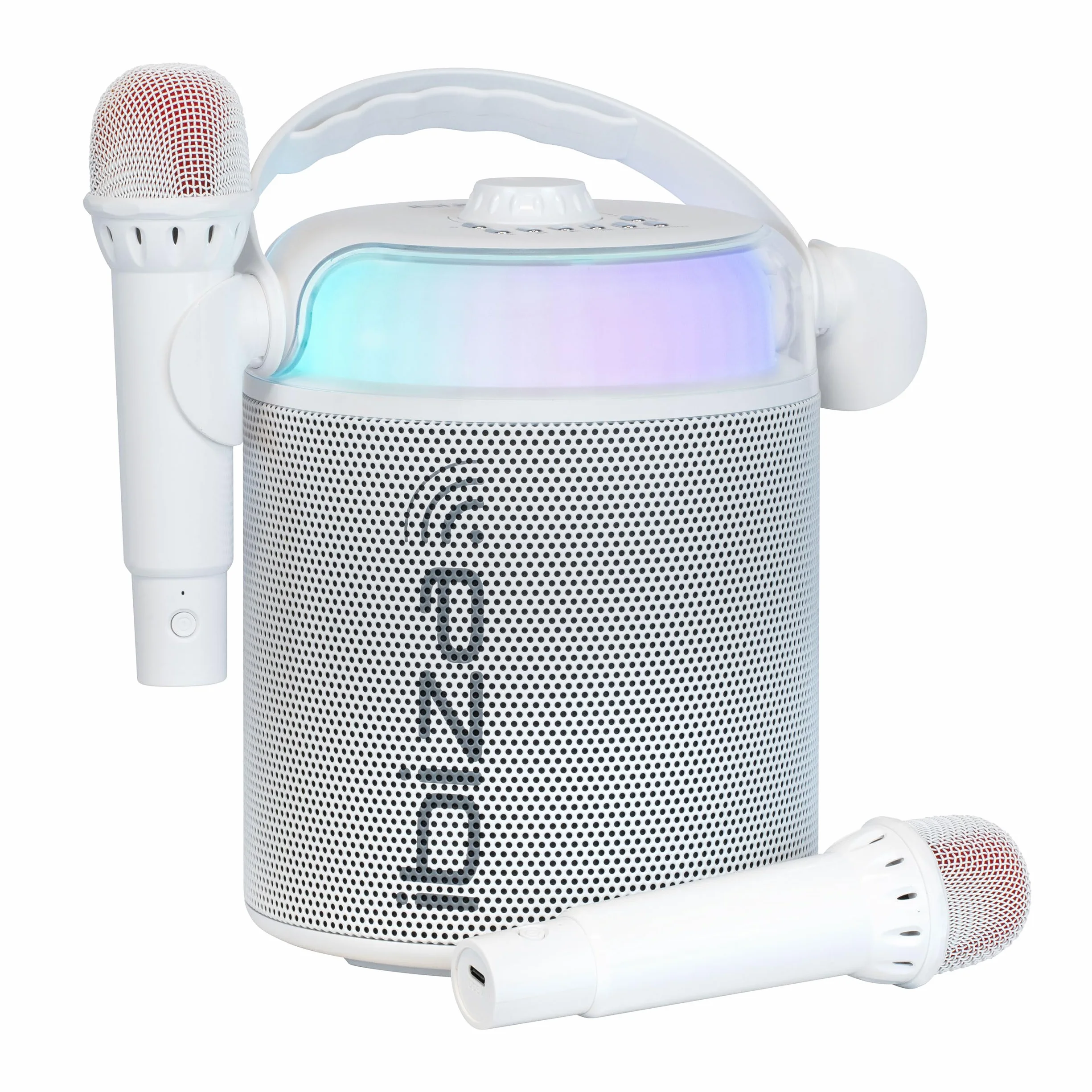Ibiza - KARAHOME-WH - Zasilany bateryjnie głośnik KARAOKE z dwoma mikrofonami bezprzewodowymi (zasilanie bateryjne) - Bluetooth, USB, MicroSD, USB, AUX i COAX - Biały