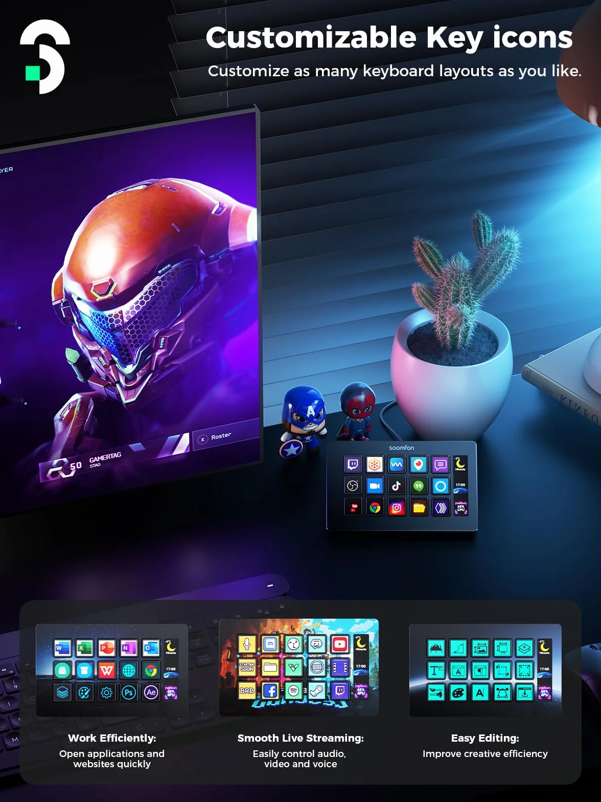 SOOMFON Studio Stream Control Deck, kontroler do sterowania nagraniami na żywo z 15 klawiszami makro i pulpitem nawigacyjnym, przyciski LCD do OBS, Twitch, YouTube, idealny do edycji wideo