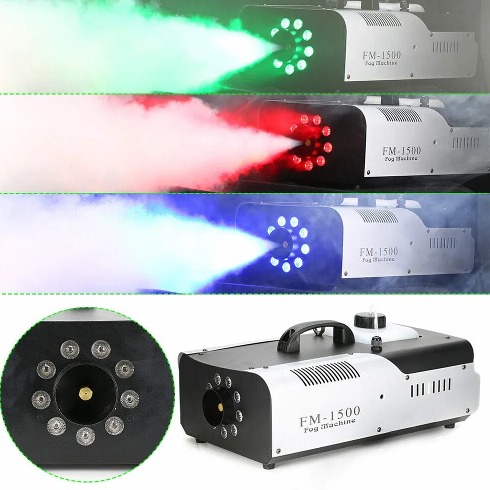 Fogger mini generator dymu LED | element grzejny 1500 W | bezprzewodowy pilot zdalnego sterowania | wyrzut 18000-25000 cu.ft/min | obudowa z blachy stalowej | pojemność zbiornika 2 l