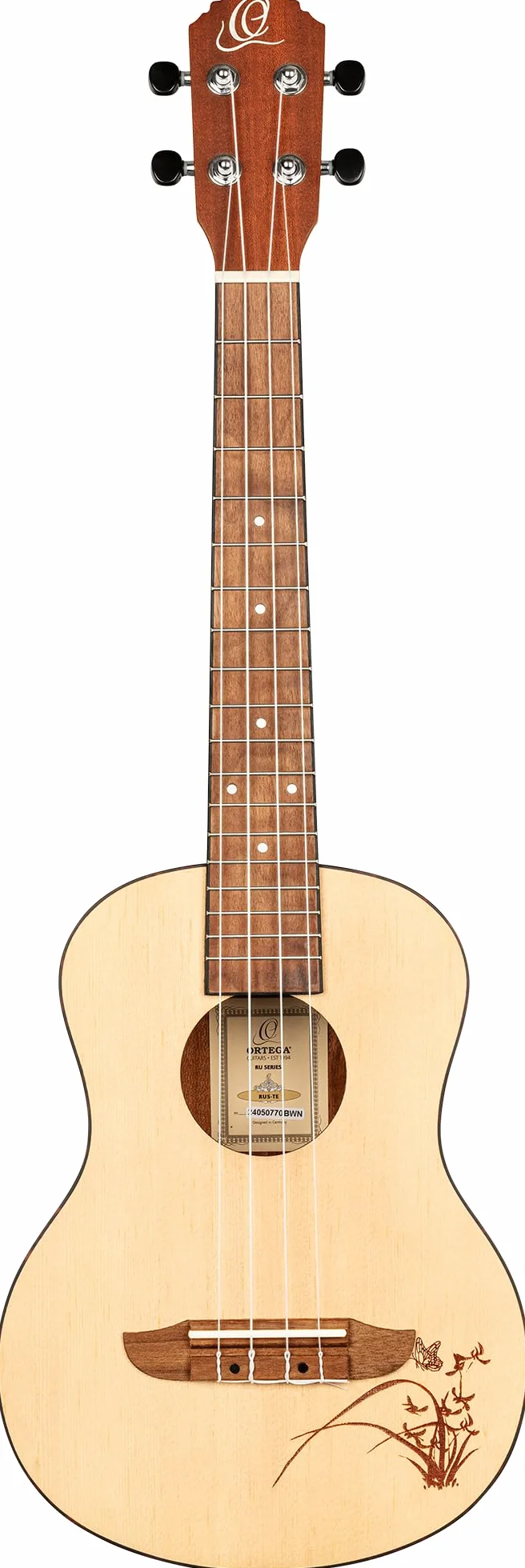 Ortega gitary RU5-TE Tenor ukulele z blatem świerkowym i korpusem Sapele w satynowym wykończeniu, 18 progów