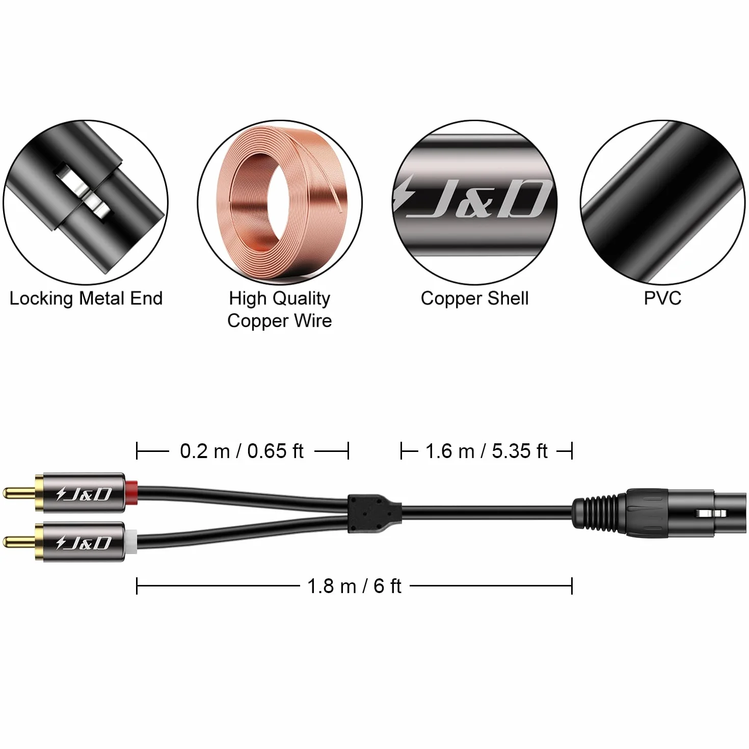 J&D XLR do 2 RCA Y kabel krosowy z PCW nieoprawiony niewyważony podwójny RCA męski na XLR żeński stereo audio interconnect adapter do głośnika kondensatora mikrofonu mikser AMP, 6 stóp