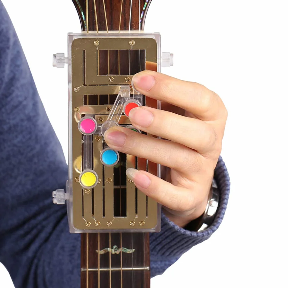 Chord Buddy system uczenia się gitary, wystarczy nacisnąć przyciski i grać na gitarze, system uczenia się gitary Clip-on chromatyczny stroik z 6 uniwersalnymi akordami