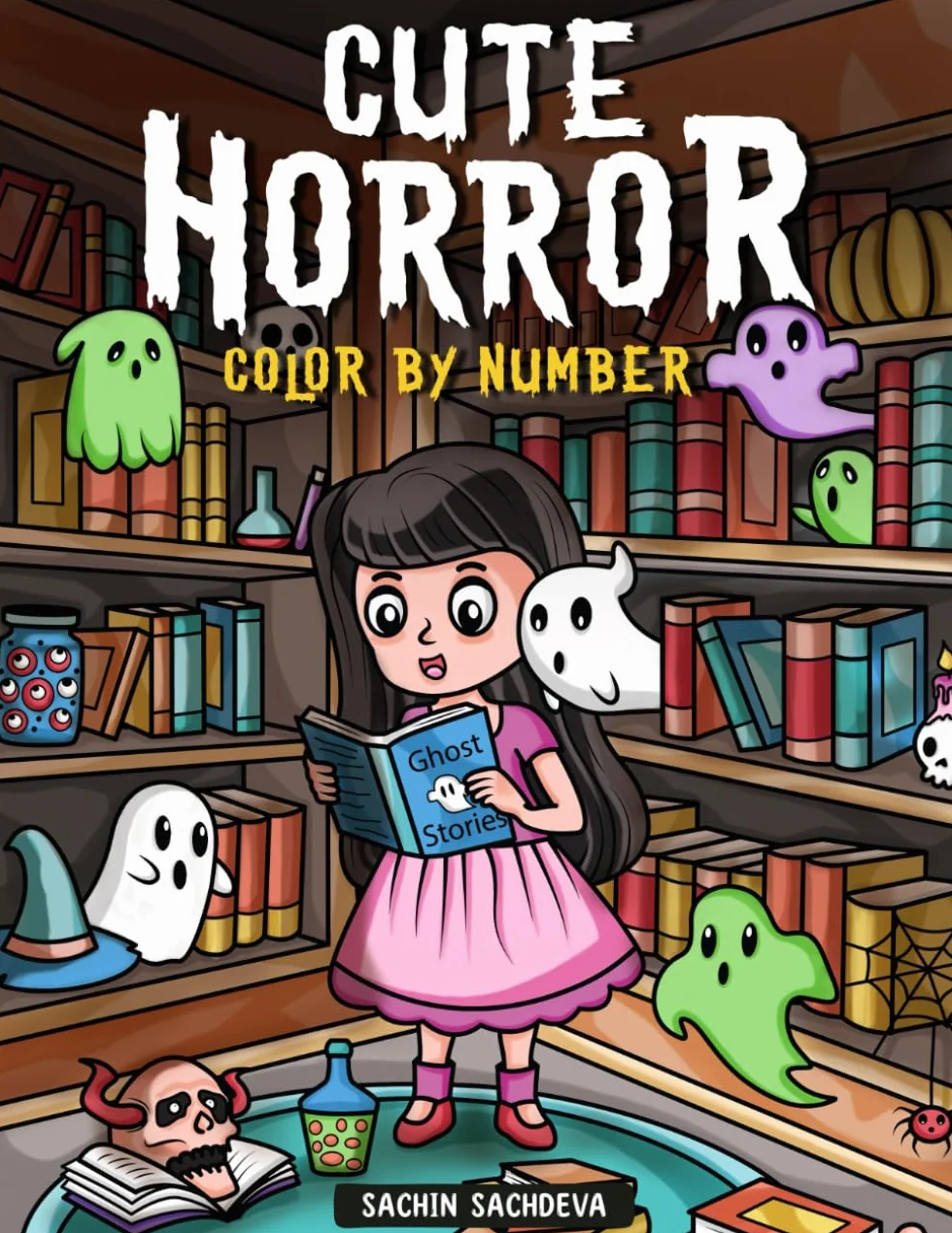Cute Horror Color by Number: Halloween Coloring Book for Kids, Teens and Adults featuring ghosts, witches, zombies, monsters, and other spooky beings for fun and relaxation