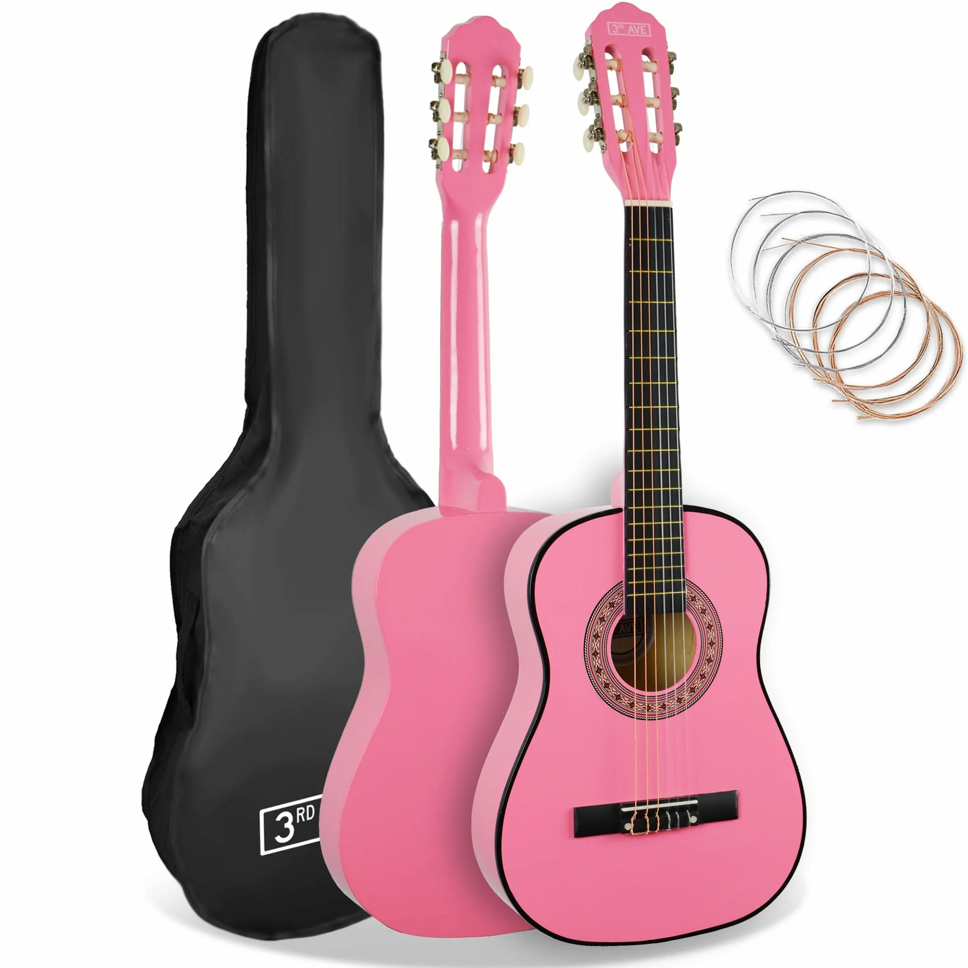 3rd Avenue Hiszpańska gitara klasyczna Kids, w rozmiarze 1/2, dla początkujących, struny nylonowe – futerał, struny – w kolorze różowym