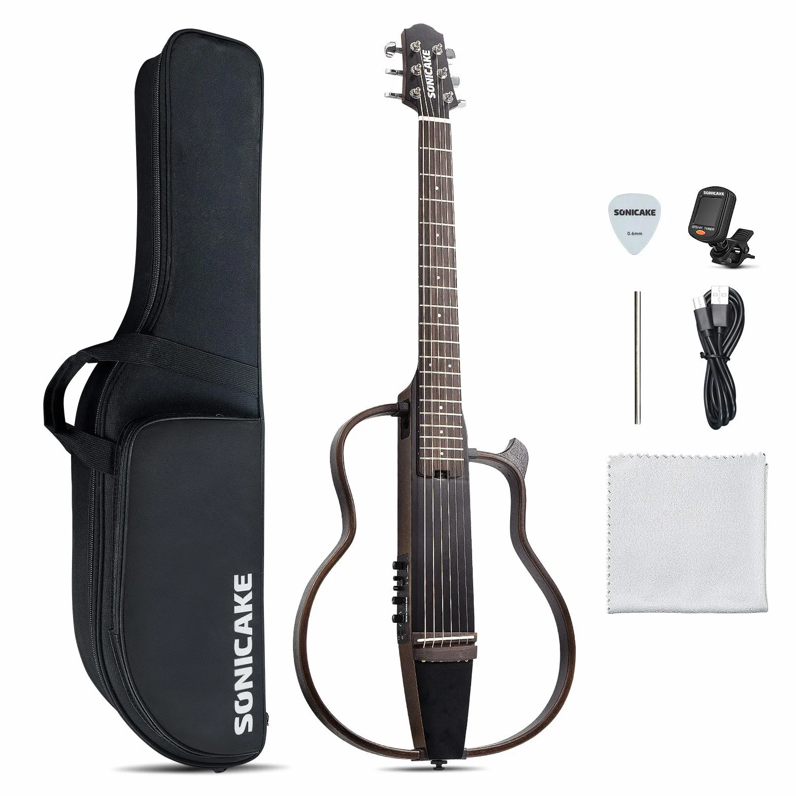 SONICAKE Elektryczna gitara akustyczna, przenośny korpus z litego mahoniu, łatwa w montażu rama, wielokorpusowy kształt Sim Preamp, Gigbag i akcesoria QGT-01