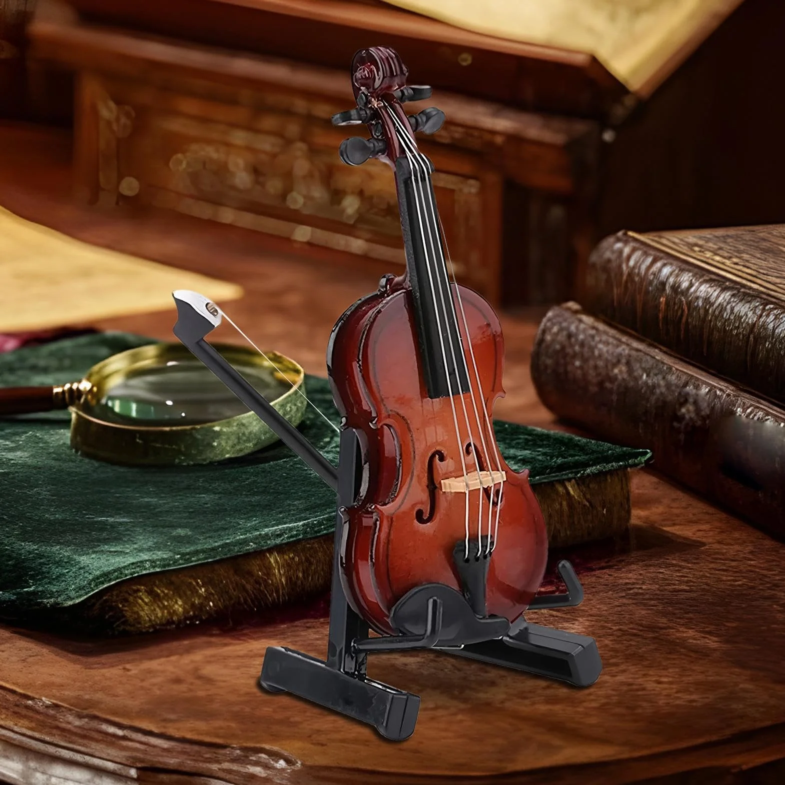 Miniaturowe skrzypce – mini instrument muzyczny, model skrzypiec ze stojakiem – przedmiot kolekcjonerski, dekoracja biurko do salonu, gabinetu, biura