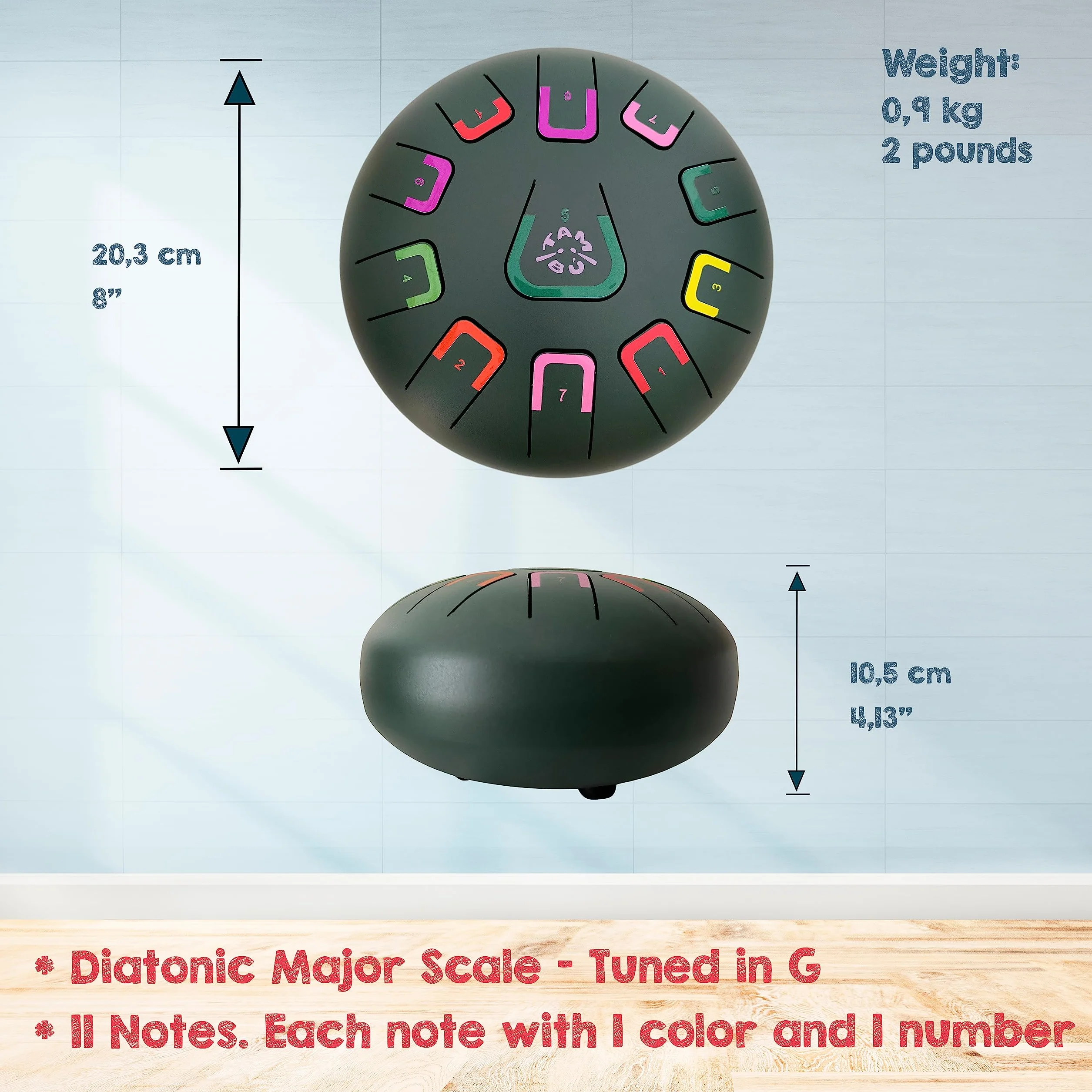 Stalowy bęben językowy tambu, 20 cm, 11 dźwięków, handpan, metalowy instrument perkusyjny, matowy zielony (Jungle Green)