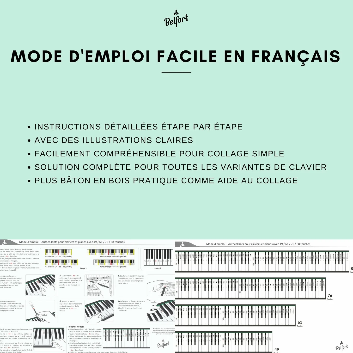 Belfort Autocollants pour Notes de Piano + Clavier 49|61|76|88 Touches pour Ebook Gratuit Premium