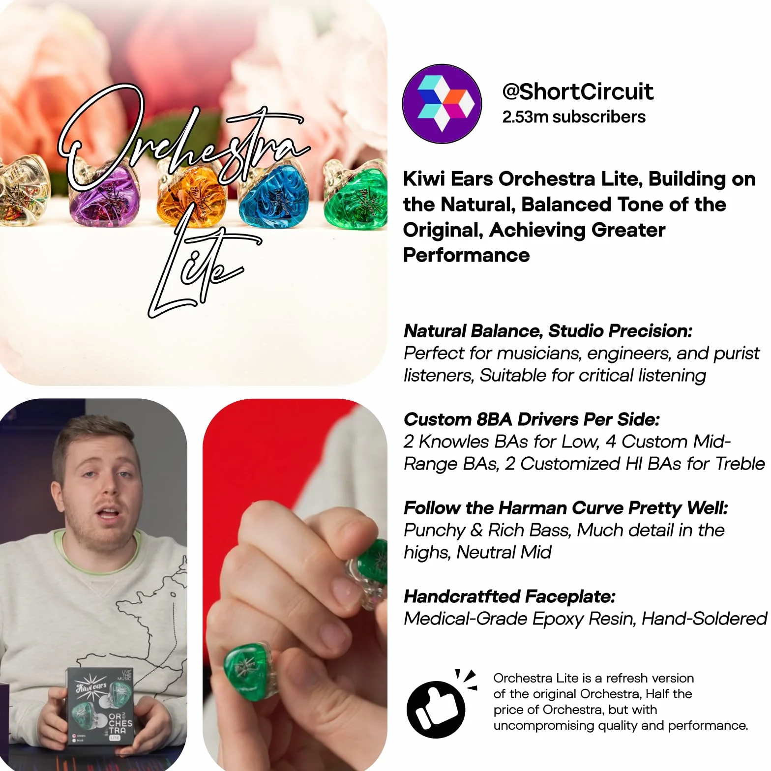 Linsoul Kiwi Ears Orchestra Lite Performance Custom 8BA Monitor douszny IEM z odłączanym 4-żyłowym miedzianym beztlenowym kablem OFC 7n, ręcznie wykonana płyta czołowa muzyka studyjnego(Niebieski)