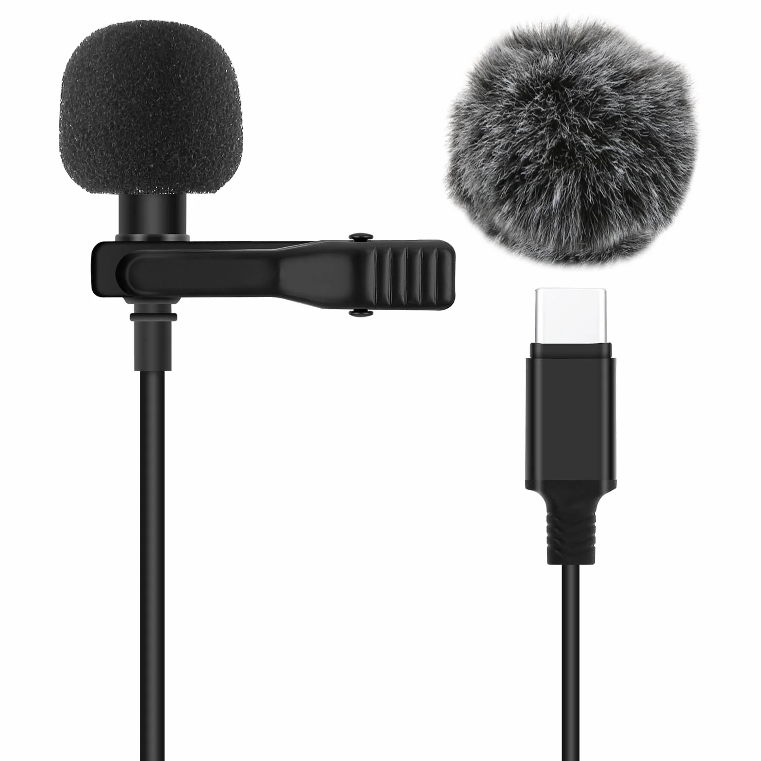 AGPTEK mikrofon lavalier typu C do iPhone'a 15, 2 m, klips i futerek przedniej szyby, mini wielokierunkowy mikrofon do laptopów z systemem Android, Macbook