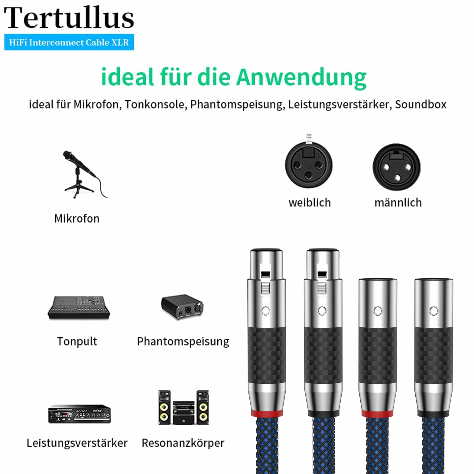 Tertullus - Wysokiej klasy kabel audio XLR 1m do srebrnego gniazda stereo OFC do CD, wzmacniacza mocy, głośnika monitora, wzmacniacza słuchawkowego
