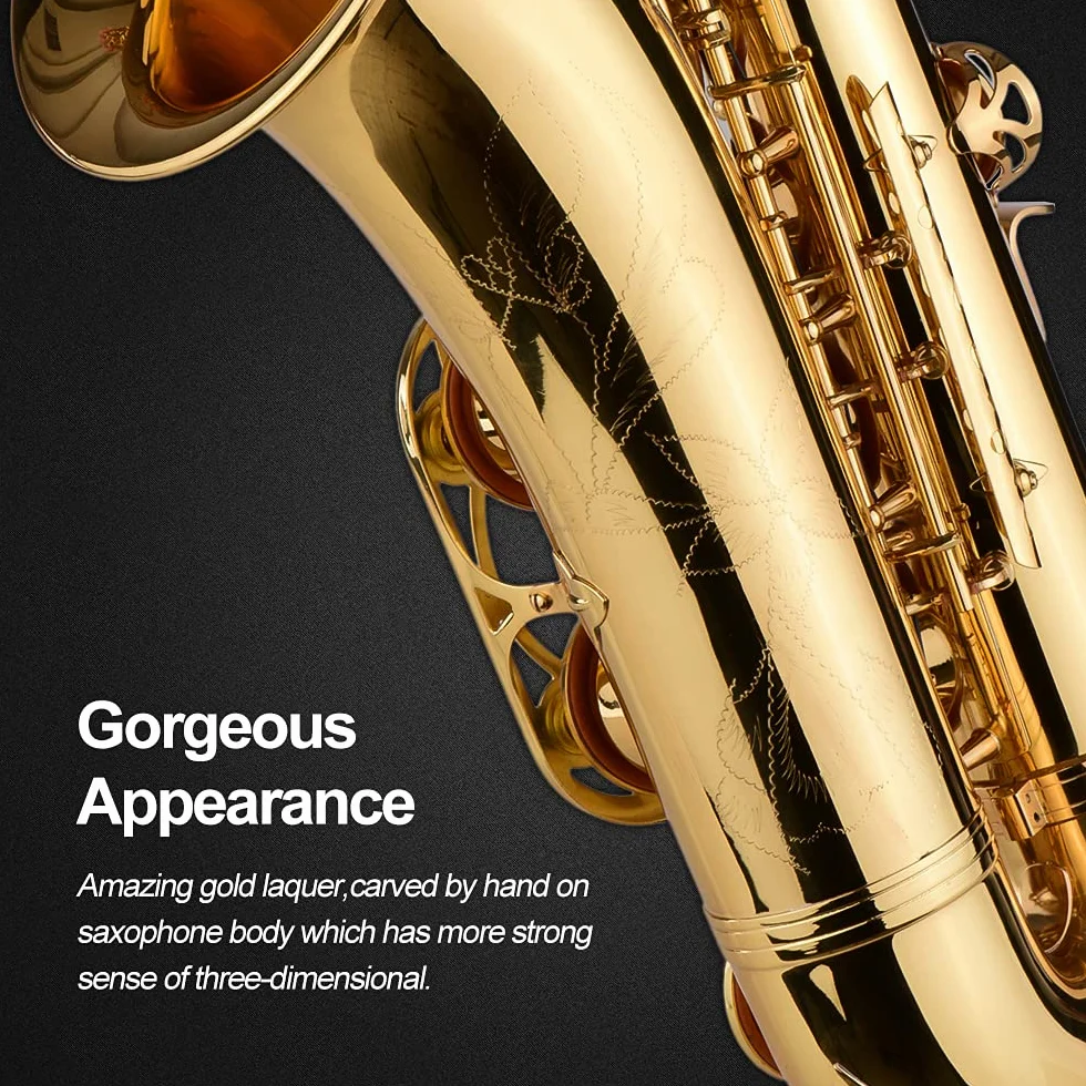 Bb saksofon tenorowy mosiężny korpus złoty lakierowany instrument dęty drewniany z futerałem rękawiczkami ściereczka do czyszczenia szczotka saksofonowe paski na szyję