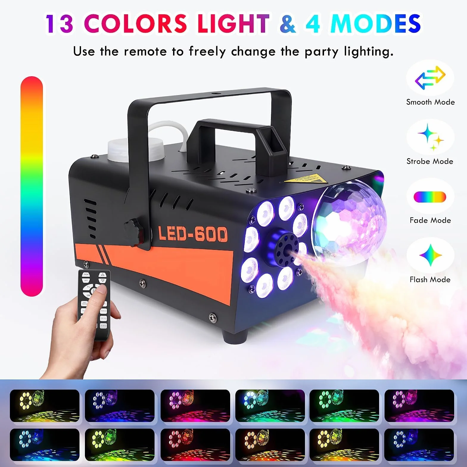 Wytwornica Dymu 600W (3000 CFM) z LED RGB 13 Kolorów – Maszyna do Dymu z Pilotem Przewodowym i Bezprzewodowym, Efekt Disco, na Imprezy, DJ, Wesele, Halloween, Scena, Wew./Zew