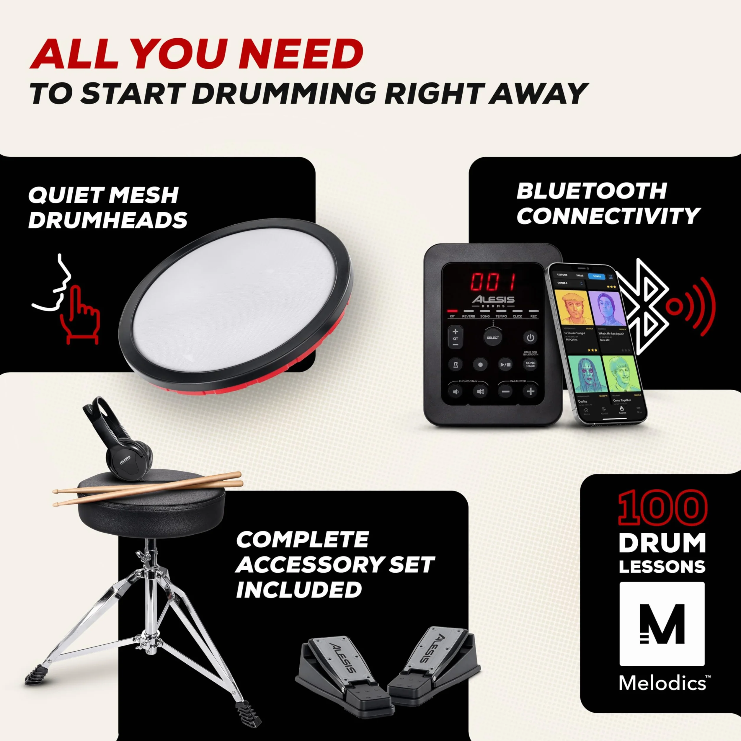 Alesis Turbo Max - Składana perkusja elektroniczna z cichymi padami siatkowymi 8”, lekcjami, Bluetooth i akcesoriami
