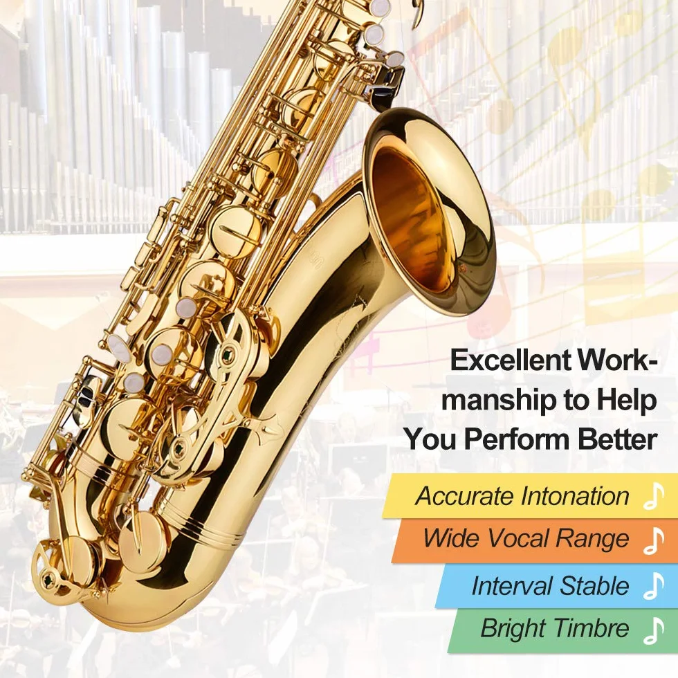 Bb saksofon tenorowy mosiężny korpus złoty lakierowany instrument dęty drewniany z futerałem rękawiczkami ściereczka do czyszczenia szczotka saksofonowe paski na szyję