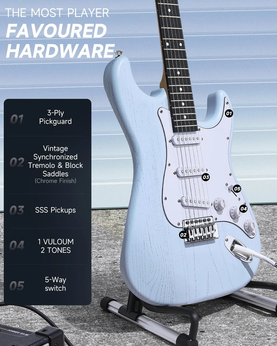 DONNER DST-80 gitara elektryczna 39 cali zestaw do gitary elektrycznej dla początkujących ze wzmacniaczem, klasyczny przetwornik SSS w komplecie z torbą koncertową, tunerem, kapo, paskiem, kostkami i