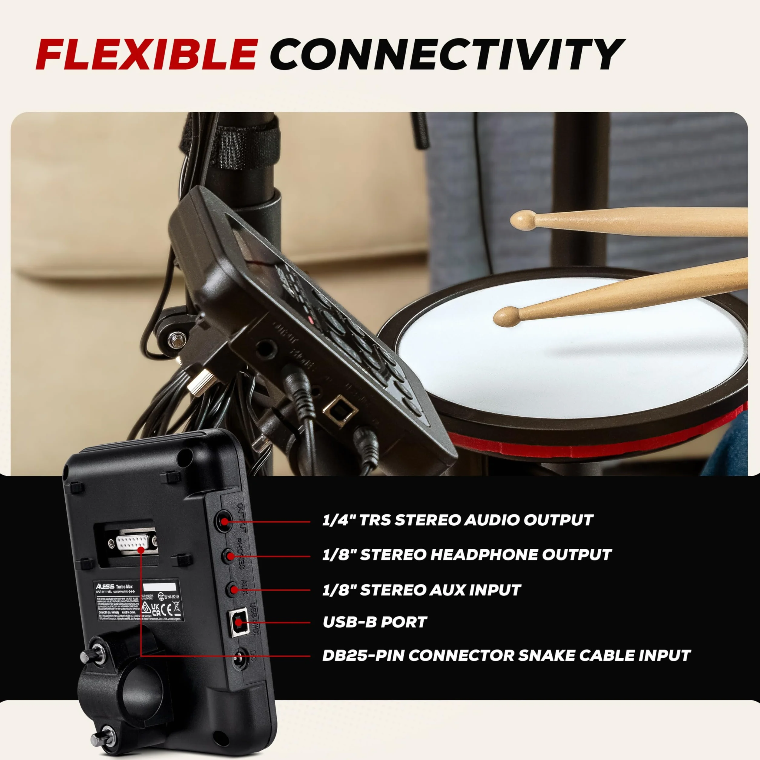 Alesis Turbo Max - Składana perkusja elektroniczna z cichymi padami siatkowymi 8”, lekcjami, Bluetooth i akcesoriami