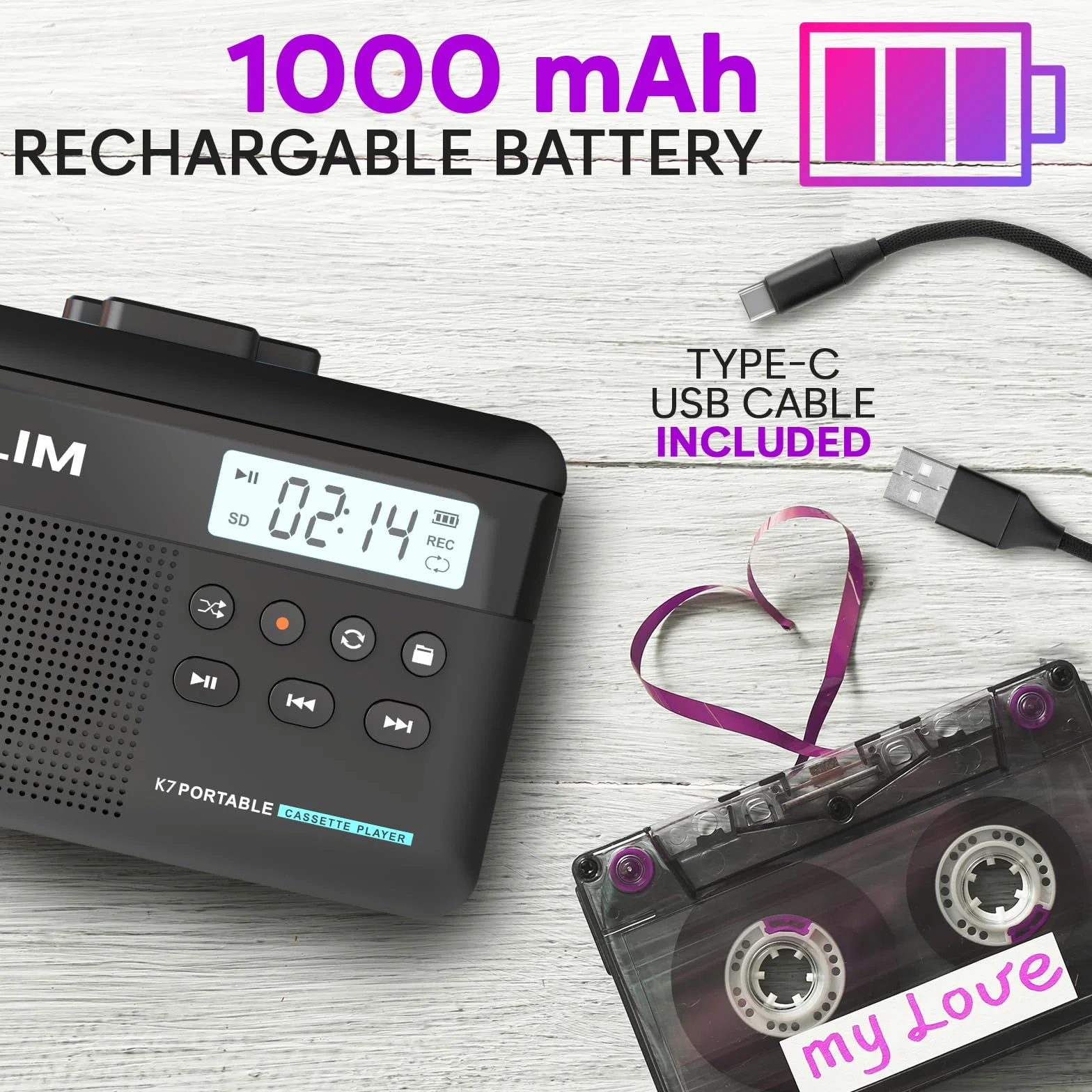 Odtwarzacz kasetowy Walkman KLIM K7 - odtwarzacz kasetowy - konwerter kasety audio na MP3 - wbudowany mikrofon i głośnik - akumulator - słuchawki - karta SD 32 GB