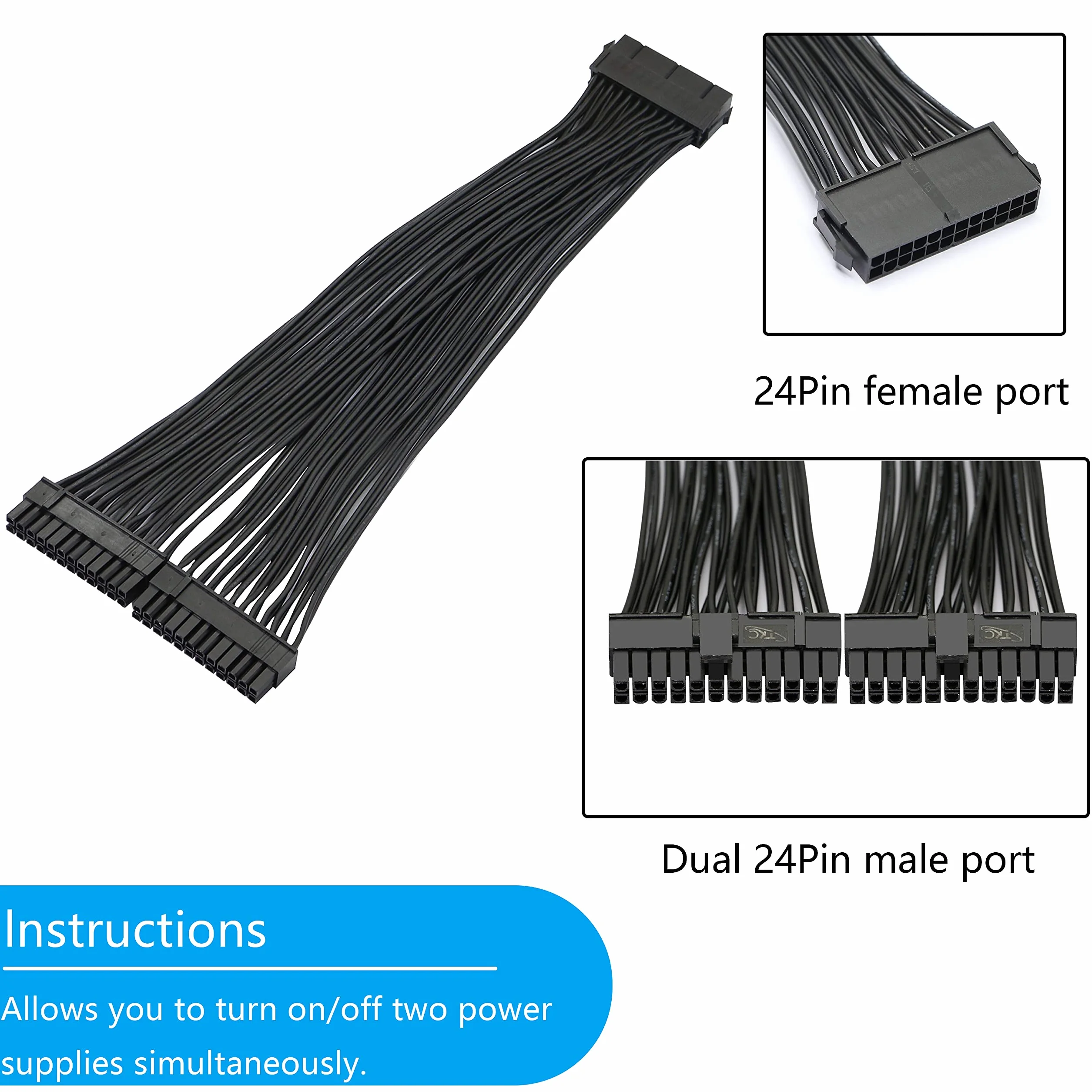GELRHONR Podwójne zasilanie PC 24-pinowy kabel ATX Adapter płyty głównej, 24-pinowy (20 + 4) do przedłużania płyty głównej ATX zasilacz żeński na męski Y Splitter-1Ft